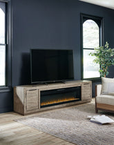 Krystanza - TV Stand with Wide Fireplace Insert - Weathered Gray