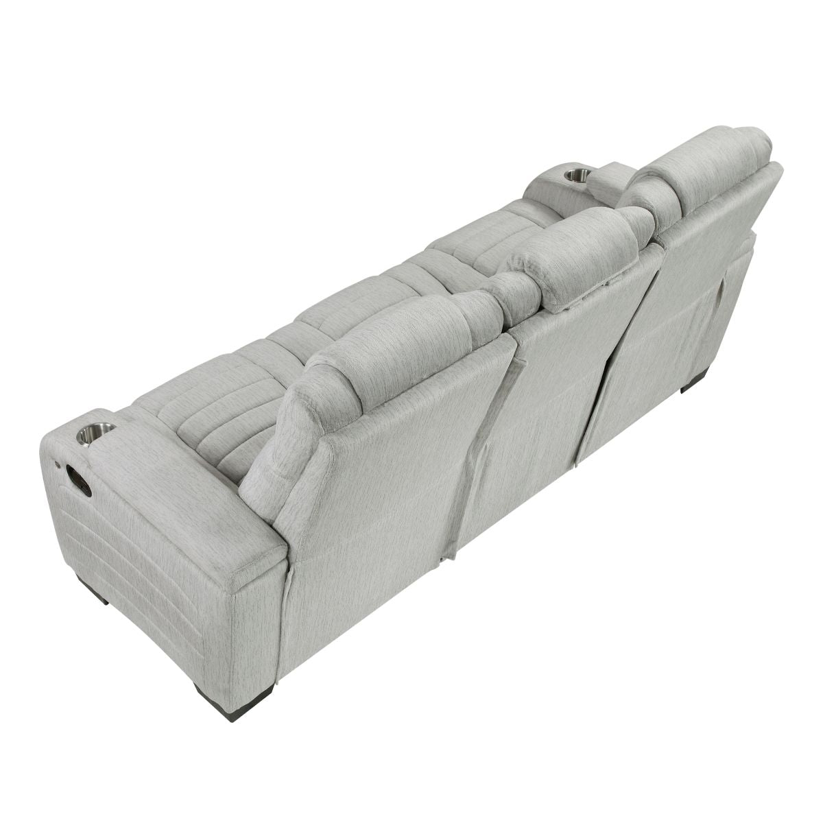Ronan - Double Reclining Sofa With Center Drop-Down Cup Holders, Storage Arms, Cup Holders, Reading Lights, Magazine Bag, Receptacles, Charging Ports And Led - Gray