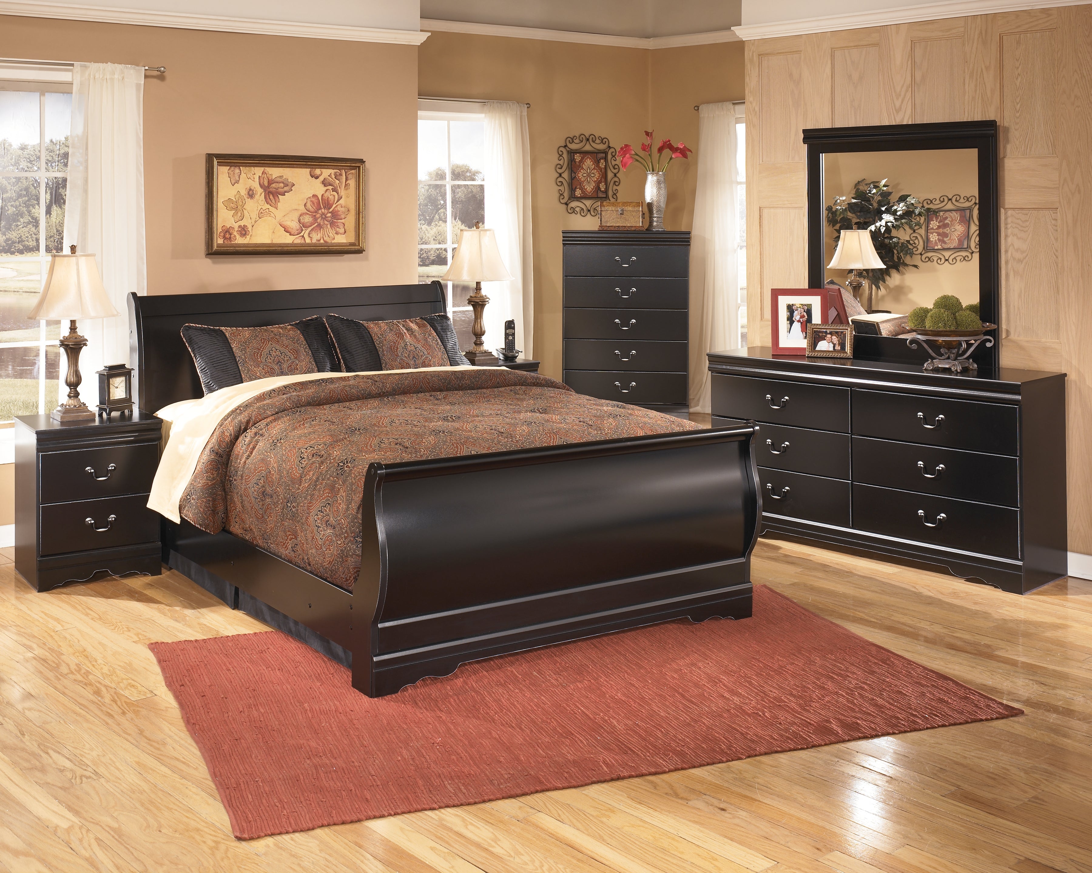 Furniture City Laplace - Ashley Furniture - Huey Vineyard Queen Sleigh Bed, Dresser, Mirror, Chest, and 2 Nightstands - Queen Sleigh Bed, Dresser, Mirror, Chest, and 2 Nightstands - B128B36