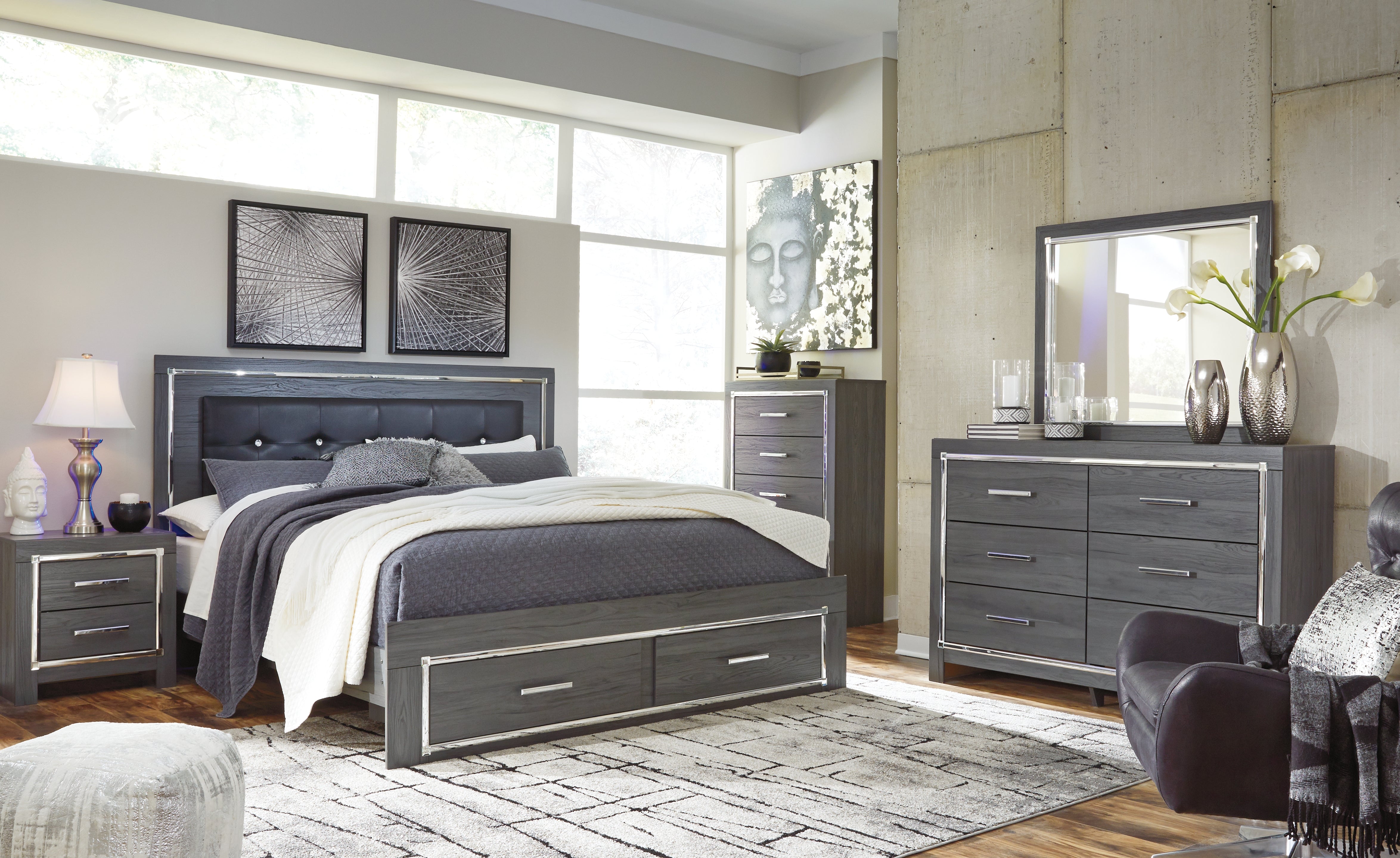 Furniture City Laplace - Ashley Furniture - Lodanna King Upholstered Storage Bed, Dresser, Mirror, Chest and 2 Nightstands - King Upholstered Storage Bed, Dresser, Mirror, Chest and 2 Nightstands - B214B29