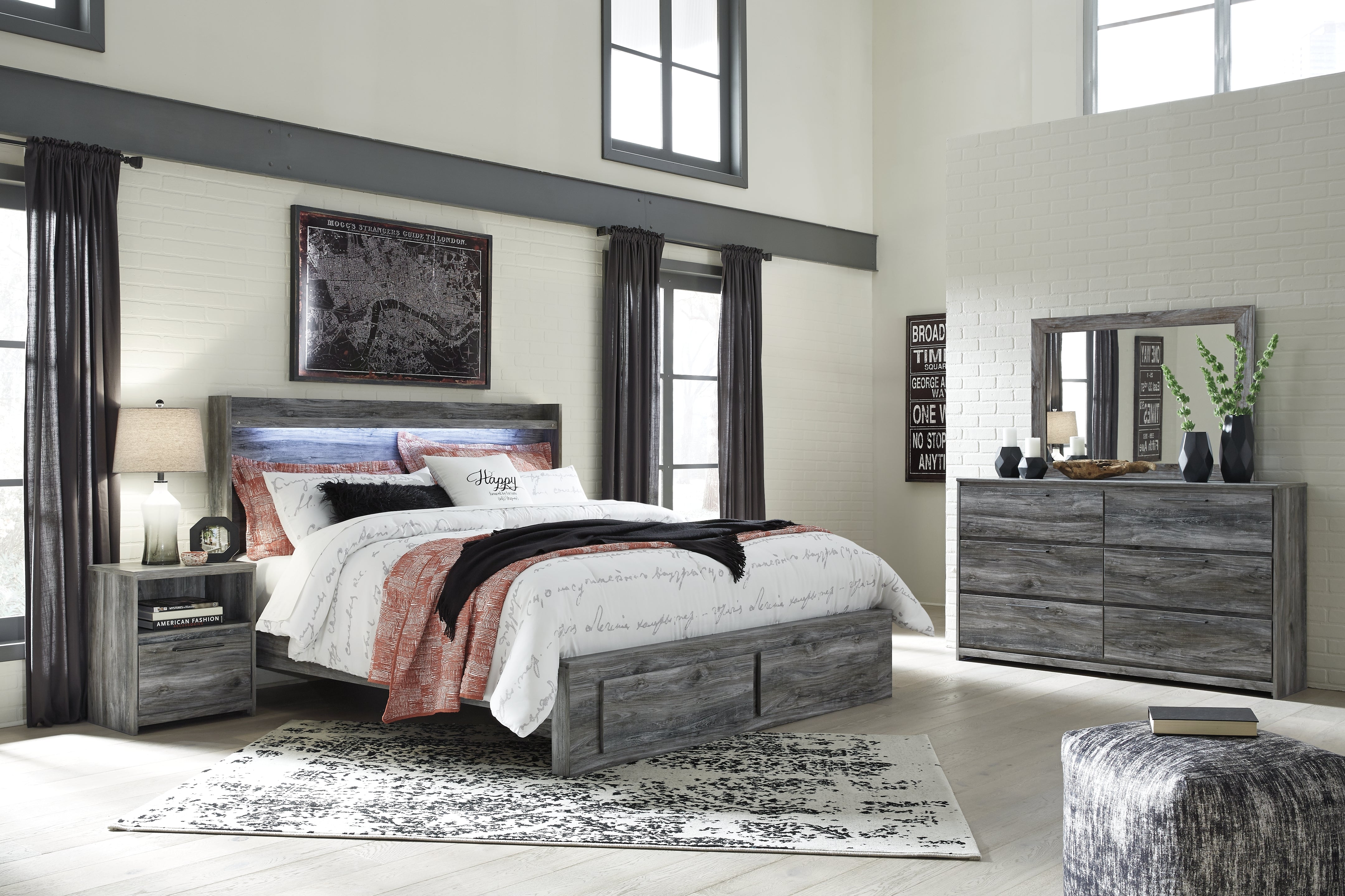 Furniture City Laplace - Ashley Furniture - Baystorm King Panel Storage Bed with Mirrored Dresser and Nightstand - King Panel Storage Bed with Mirrored Dresser and Nightstand - B221B36