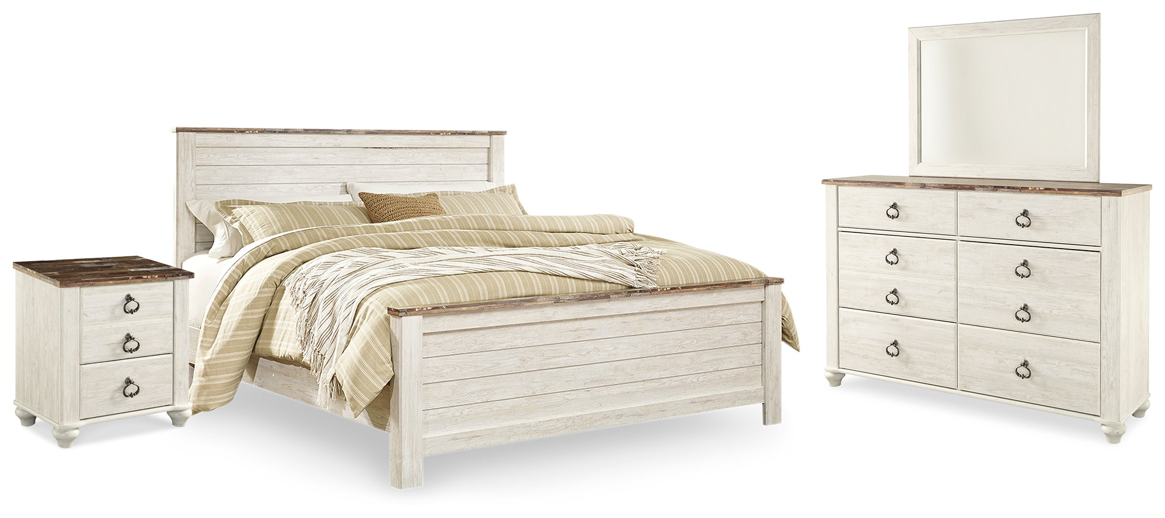 Furniture City Laplace - Ashley Furniture - Willowton King Panel Bed, Dresser, Mirror, and Nightstand - King Panel Bed, Dresser, Mirror, and Nightstand - B267B38