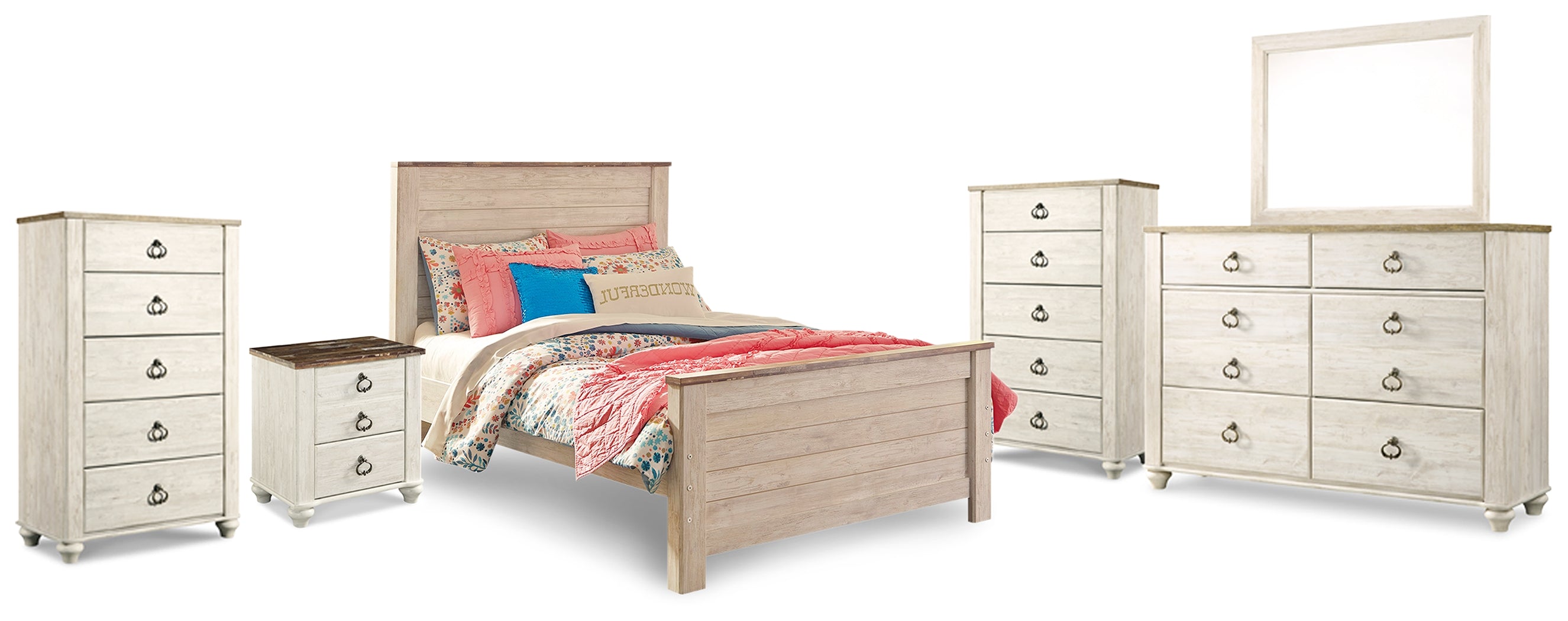 Furniture City Laplace - Ashley Furniture - Willowton Full Panel Bed, Dresser, Mirror, 2 Chests and nightstand - Full Panel Bed, Dresser, Mirror, 2 Chests and nightstand - B267B40