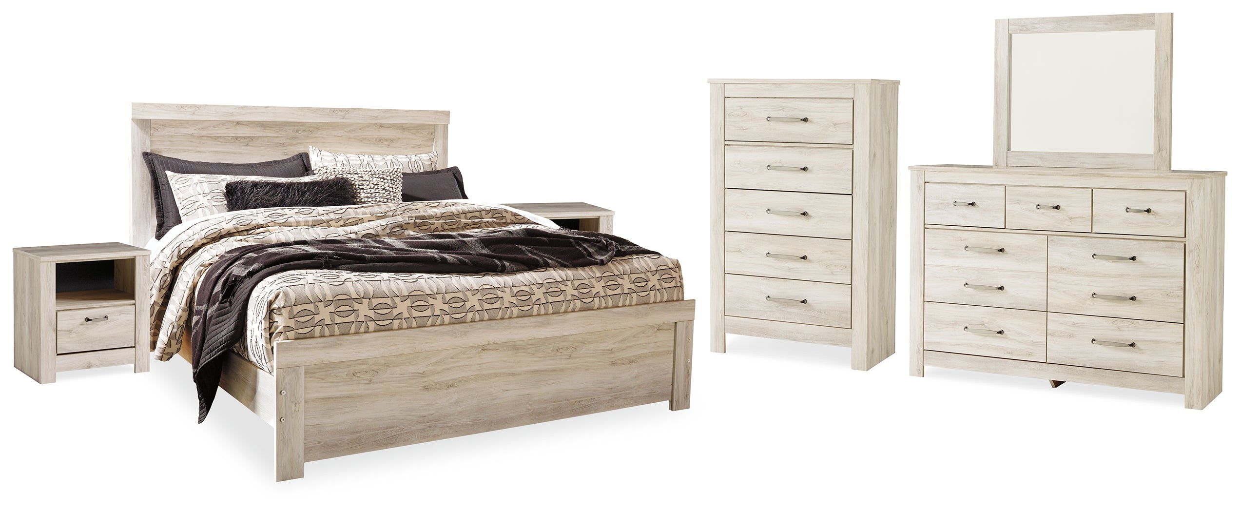 Furniture City Laplace - Ashley Furniture - Bellaby King Panel Bed, Dresser, Mirror, Chest and 2 Nightstands - King Panel Bed, Dresser, Mirror, Chest and 2 Nightstands / Whitewash - B331B17