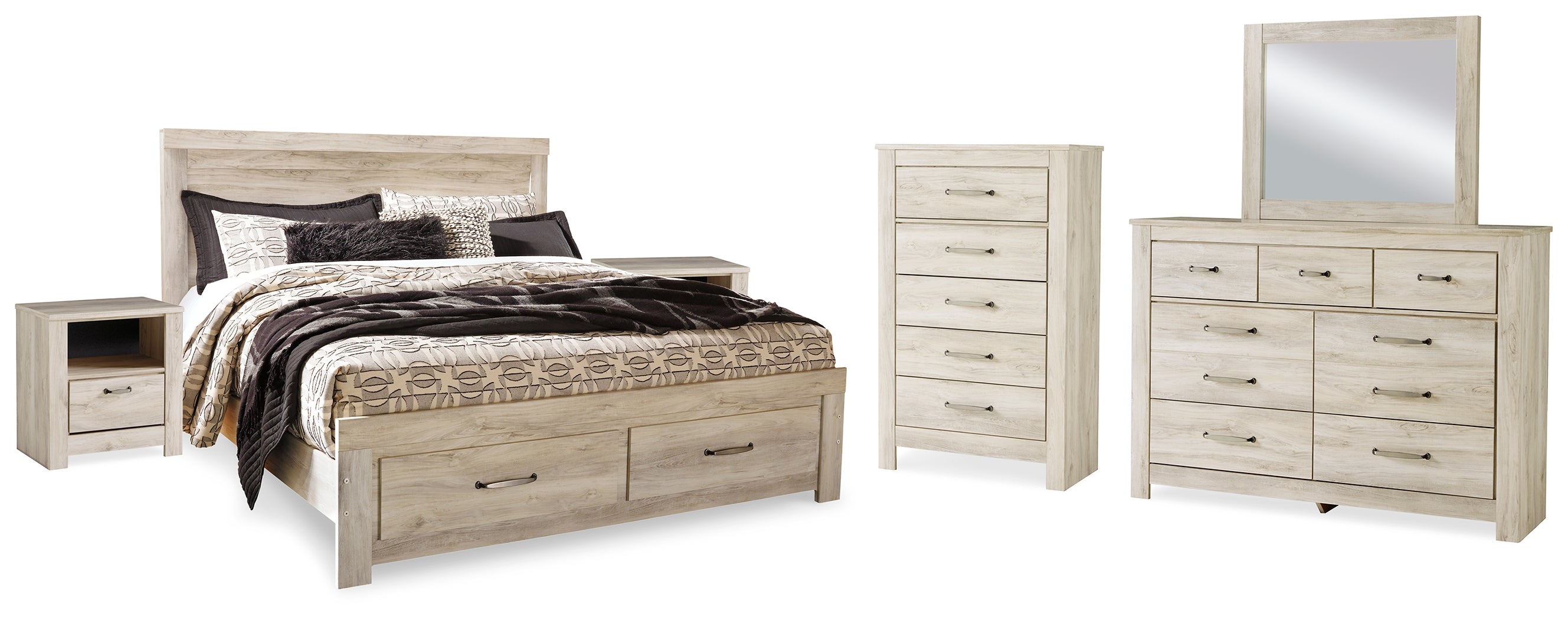 Furniture City Laplace - Ashley Furniture - Bellaby King Storage Bed, Dresser, Mirror, Chest and 2 Nightstands - King Storage Bed, Dresser, Mirror, Chest and 2 Nightstands / Whitewash - B331B20