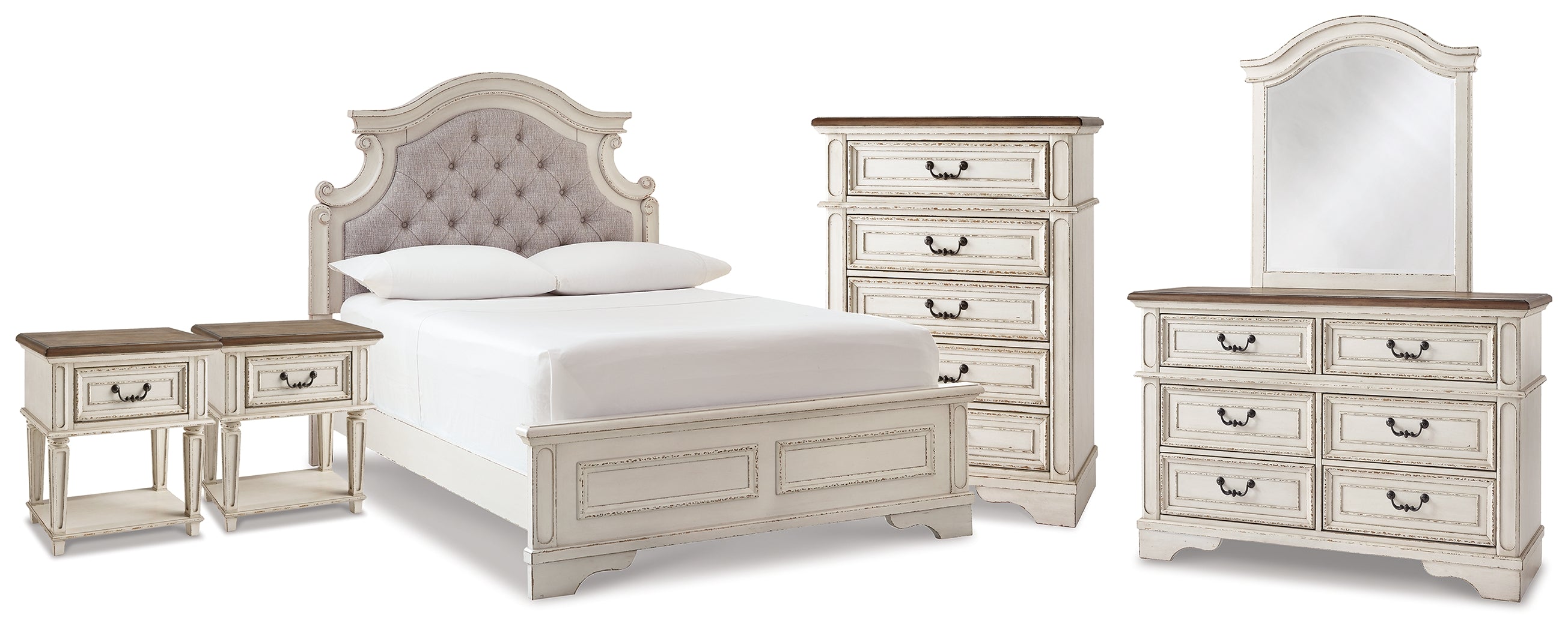 Furniture City Laplace - Ashley Furniture - Realyn Full Upholstered Panel Bed, Dresser, Mirror, Chest and 2 Nightstands - Full Upholstered Panel Bed, Dresser, Mirror, Chest and 2 Nightstands - B743B77