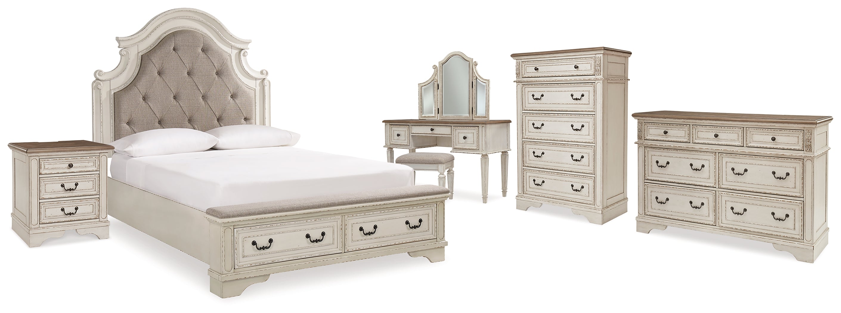 Furniture City Laplace - Ashley Furniture - Realyn Queen Upholstery Panel Bed, Dresser, Chest, Nightstand, and Vanity Set - Queen Upholstery Panel Bed, Dresser, Chest, Nightstand, and Vanity Set - B743B35