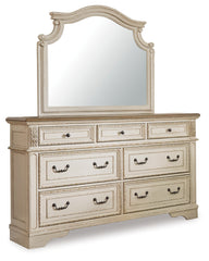 Realyn Queen Upholstery Panel Bed, Dresser, Mirror and Nightstand