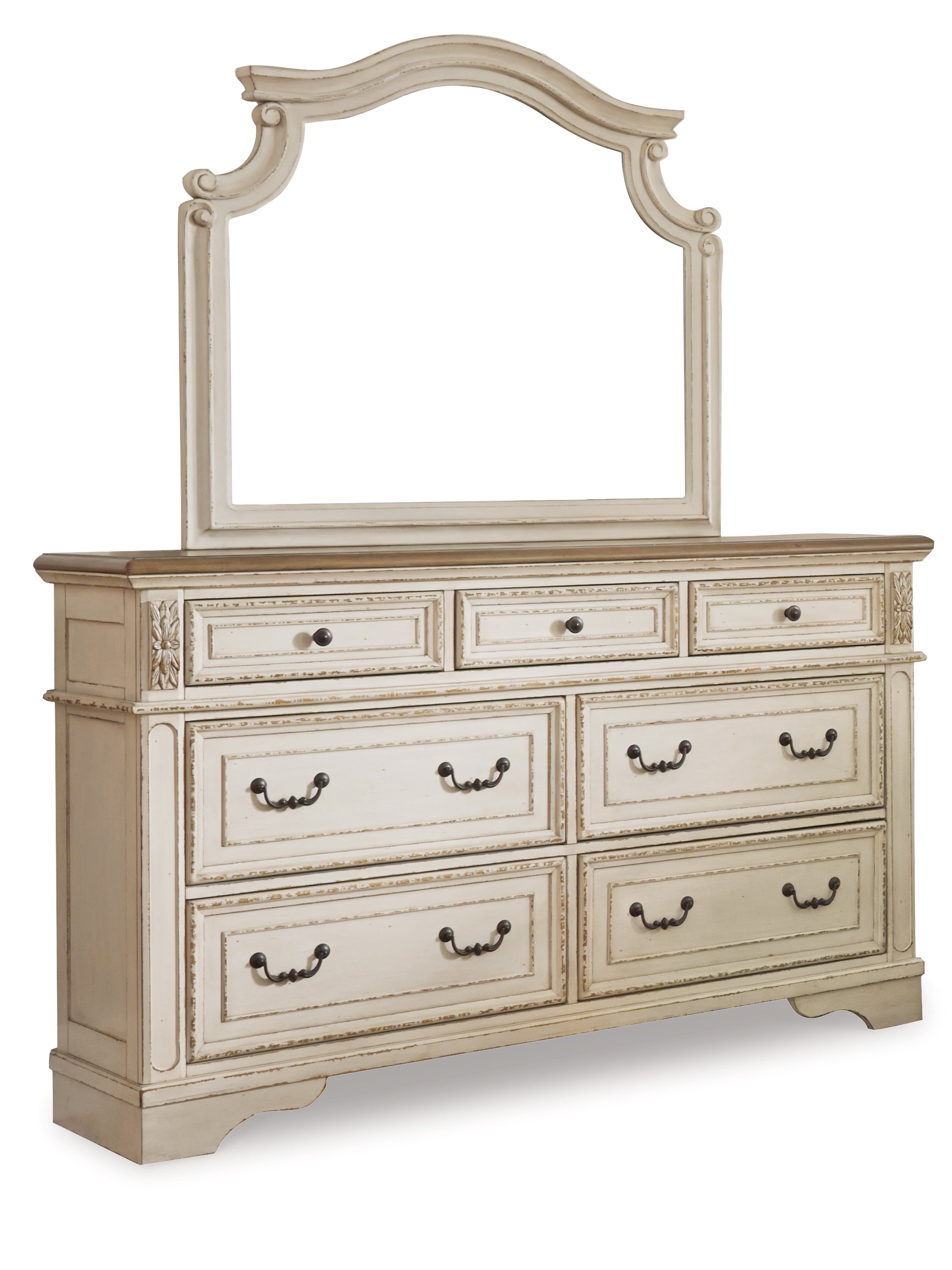 Furniture City Laplace - Ashley Furniture - Realyn California King Upholstered Bed, Dresser, Mirror and Chest - California King Upholstered Bed, Dresser, Mirror and Chest / Chipped White - B743B25