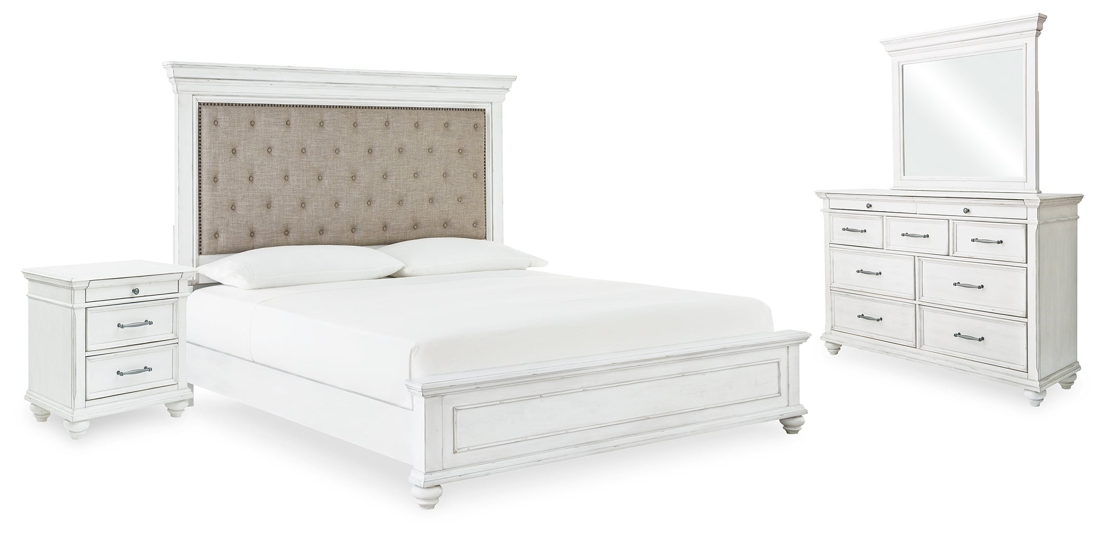 Furniture City Laplace - Ashley Furniture - Kanwyn Queen Upholstered Panel Bed, Dresser, Mirror, and Nightstand - Queen Upholstered Panel Bed, Dresser, Mirror, and Nightstand - B777B16