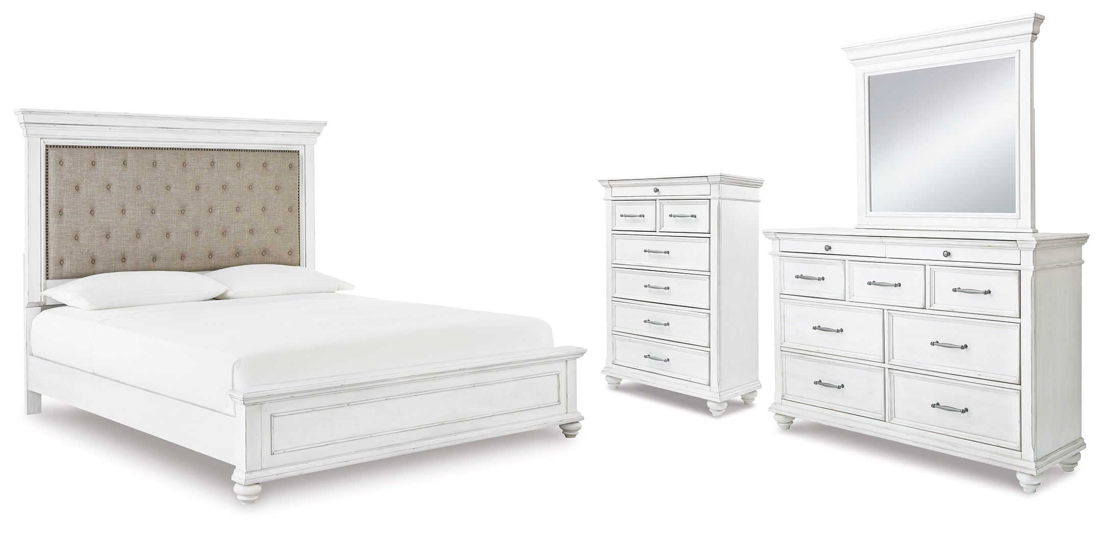 Furniture City Laplace - Ashley Furniture - Kanwyn Cal King Upholstered Panel Bed, Dresser, Mirror and Chest - Cal King Upholstered Panel Bed, Dresser, Mirror and Chest - B777B23