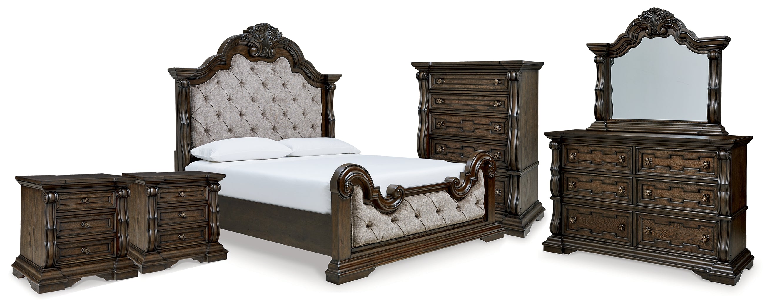 Furniture City Laplace - Ashley Furniture - Maylee King Upholstered Bed, Dresser, Mirror, Chest and 2 Nightstands - King Upholstered Bed, Dresser, Mirror, Chest and 2 Nightstands - B947B13