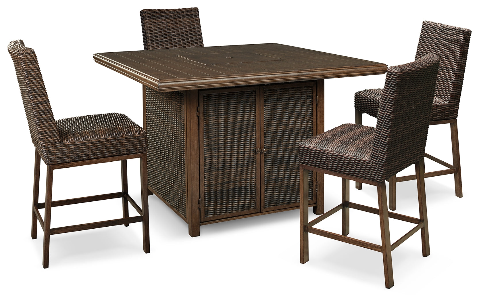 Furniture City Laplace - Ashley Furniture - Paradise Trail Outdoor Counter Height Dining Table with 4 Barstools - Outdoor Counter Height Dining Table with 4 Barstools / Medium Brown - P750P5