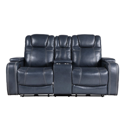 Keziah - Power Double Reclining Loveseat With Center Console, Power Headrests And Storage Arms - Blue