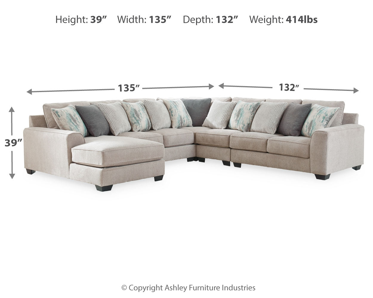 Furniture City Laplace - Ashley Furniture - Ardsley Sectionals - RAF 5-Piece Sectional with Chaise / Pewter - 39504S15