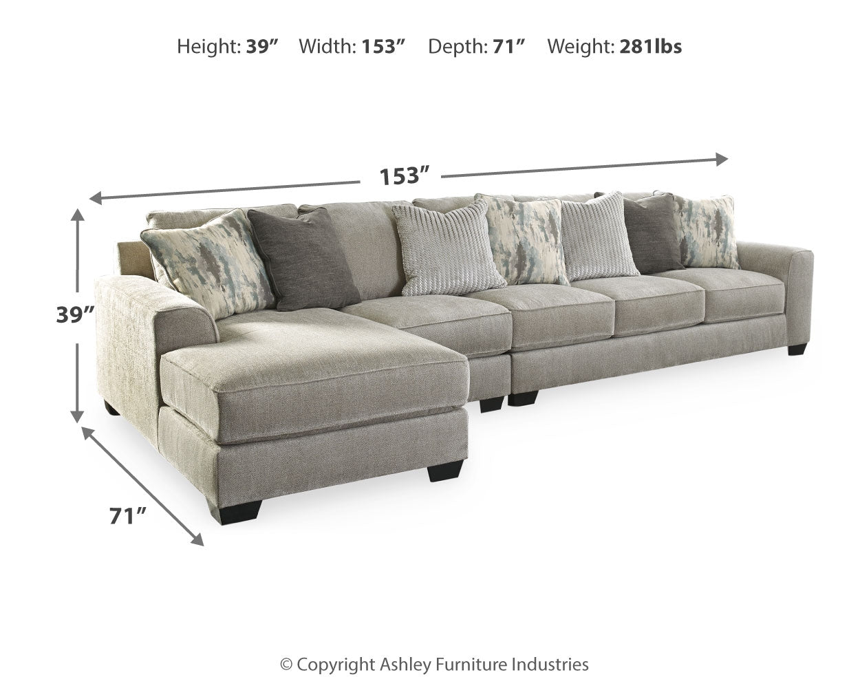 Furniture City Laplace - Ashley Furniture - Ardsley Sectionals - LAF 3-Piece Sectional with Chaise / Pewter - 39504S4