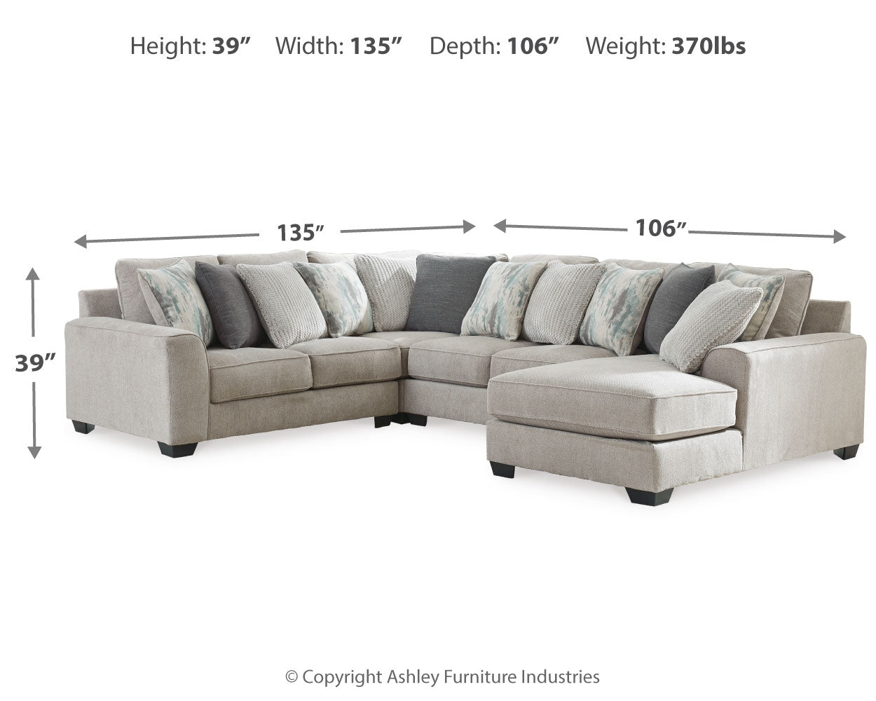 Furniture City Laplace - Ashley Furniture - Ardsley Sectionals - RAF 3-Piece Sectional with Chaise / Pewter - 39504S12