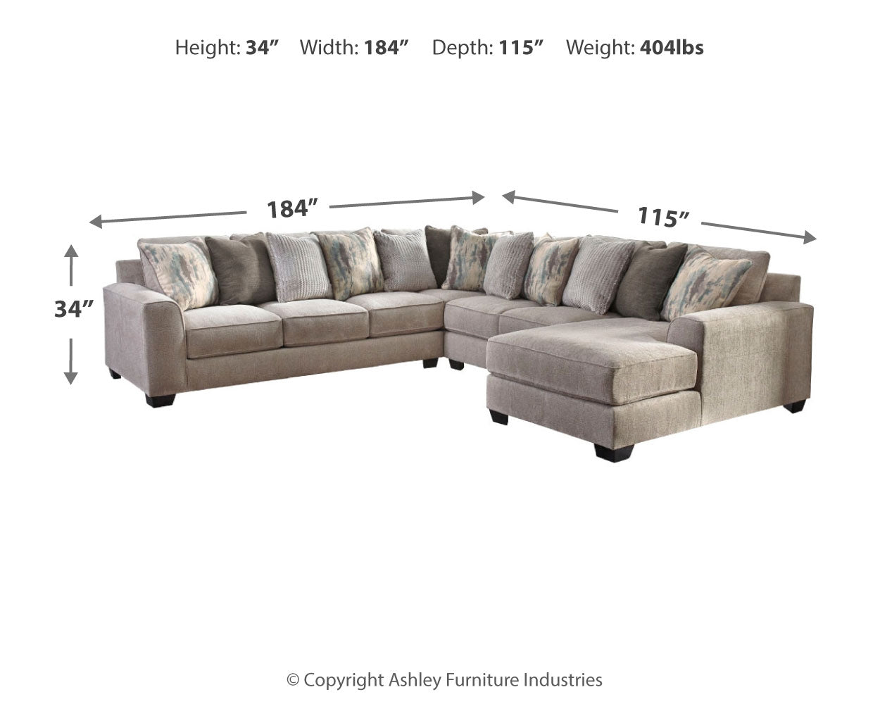 Furniture City Laplace - Ashley Furniture - Ardsley Sectionals - LAF 4-Piece Sectional with Chaise / Pewter - 39504S2