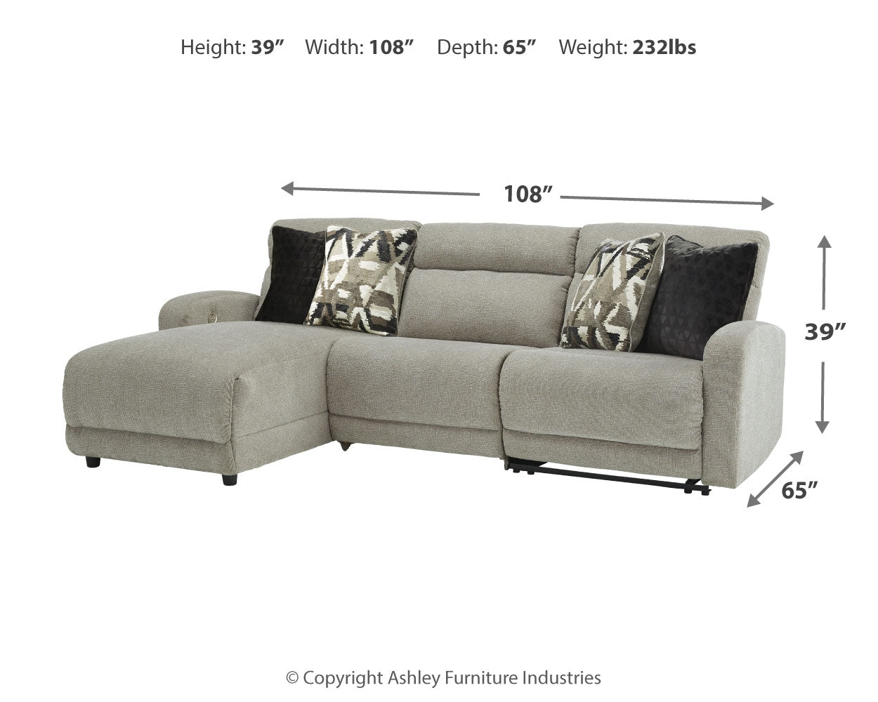 Furniture City Laplace - Ashley Furniture - Colleyville Sectionals - 3-Piece Power Reclining Sectional with Chaise / Stone - 54405S4