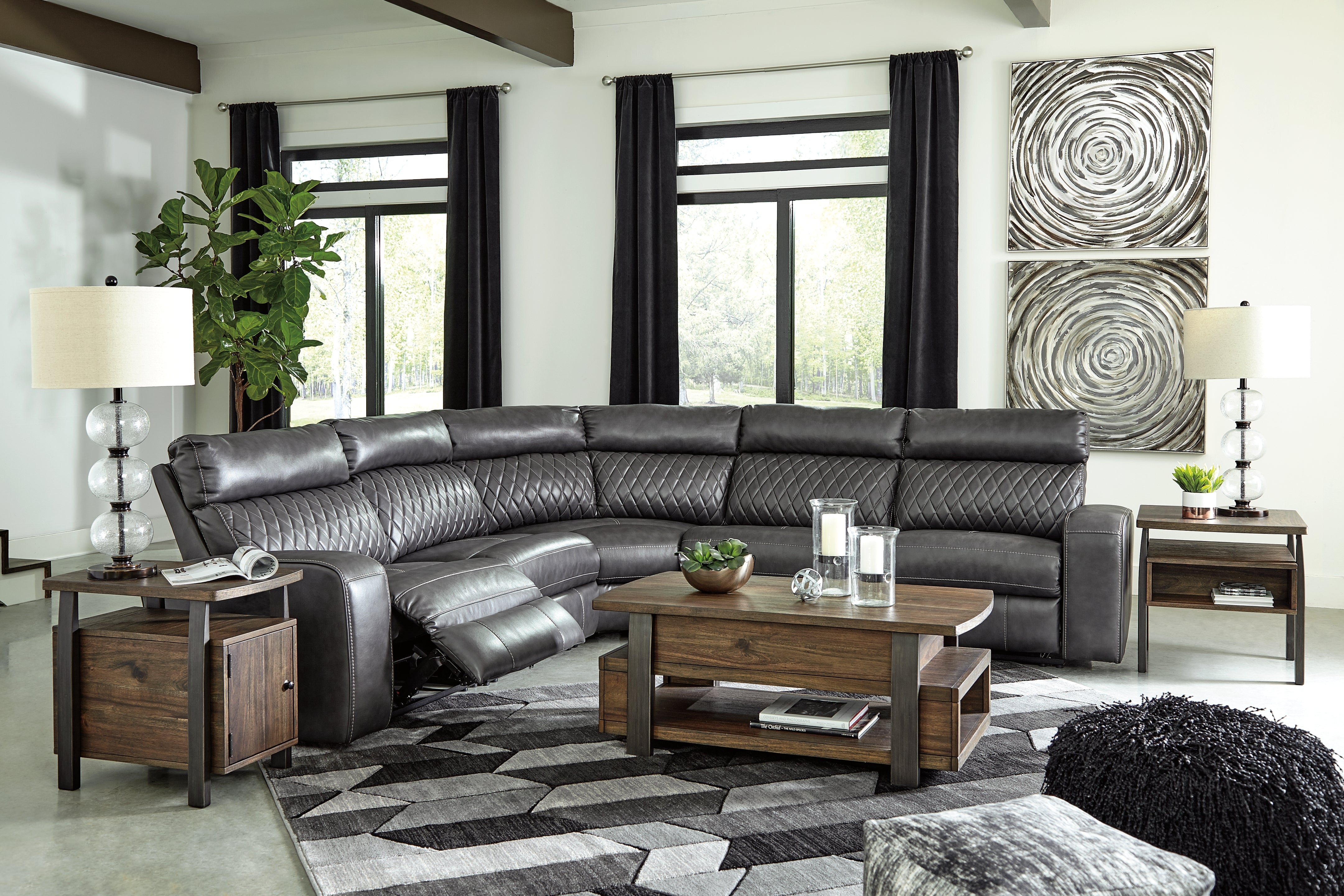 Furniture City Laplace - Ashley Furniture - Samperstone Sectionals - 5-Piece Power Reclining Sectional / Gray - 55203S1