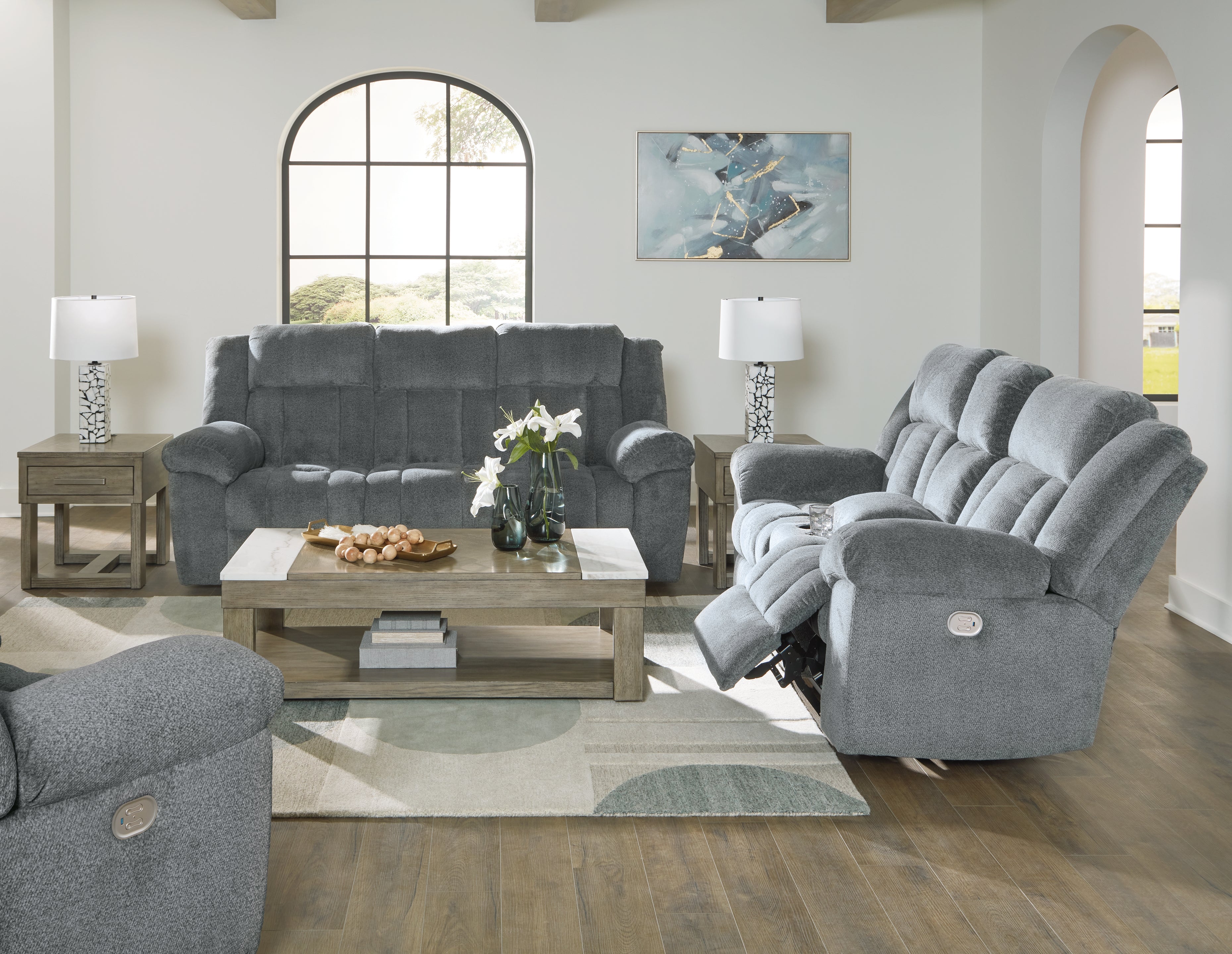 Furniture City Laplace - Ashley Furniture - Tip-Off Power Reclining Sofa, Loveseat and Recliner - Power Reclining Sofa, Loveseat and Recliner / Slate - 69304U2