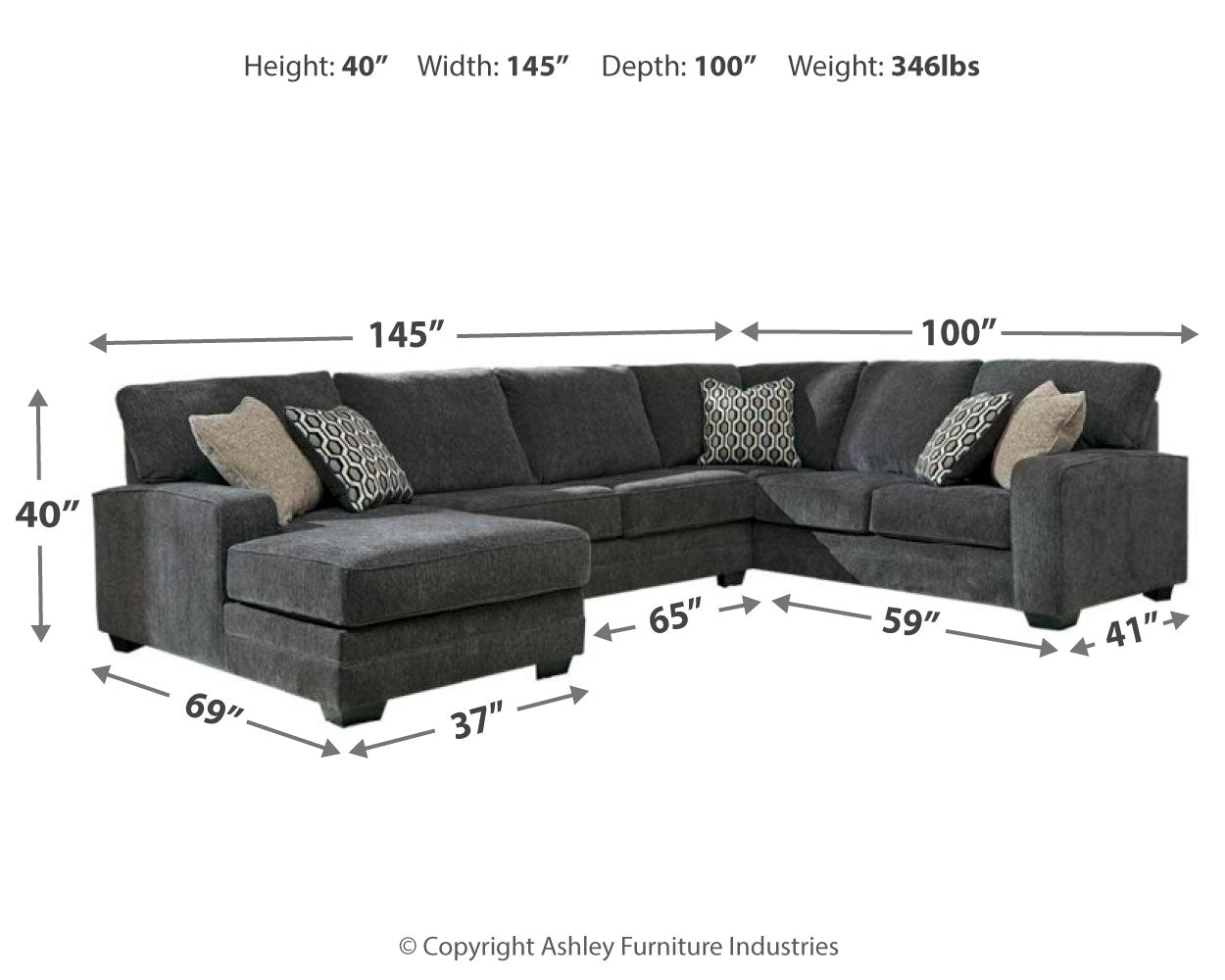 Furniture City Laplace - Ashley Furniture - Tracling Sectionals - RAF 3-Piece Sectional with Chaise / Slate - 72600S1