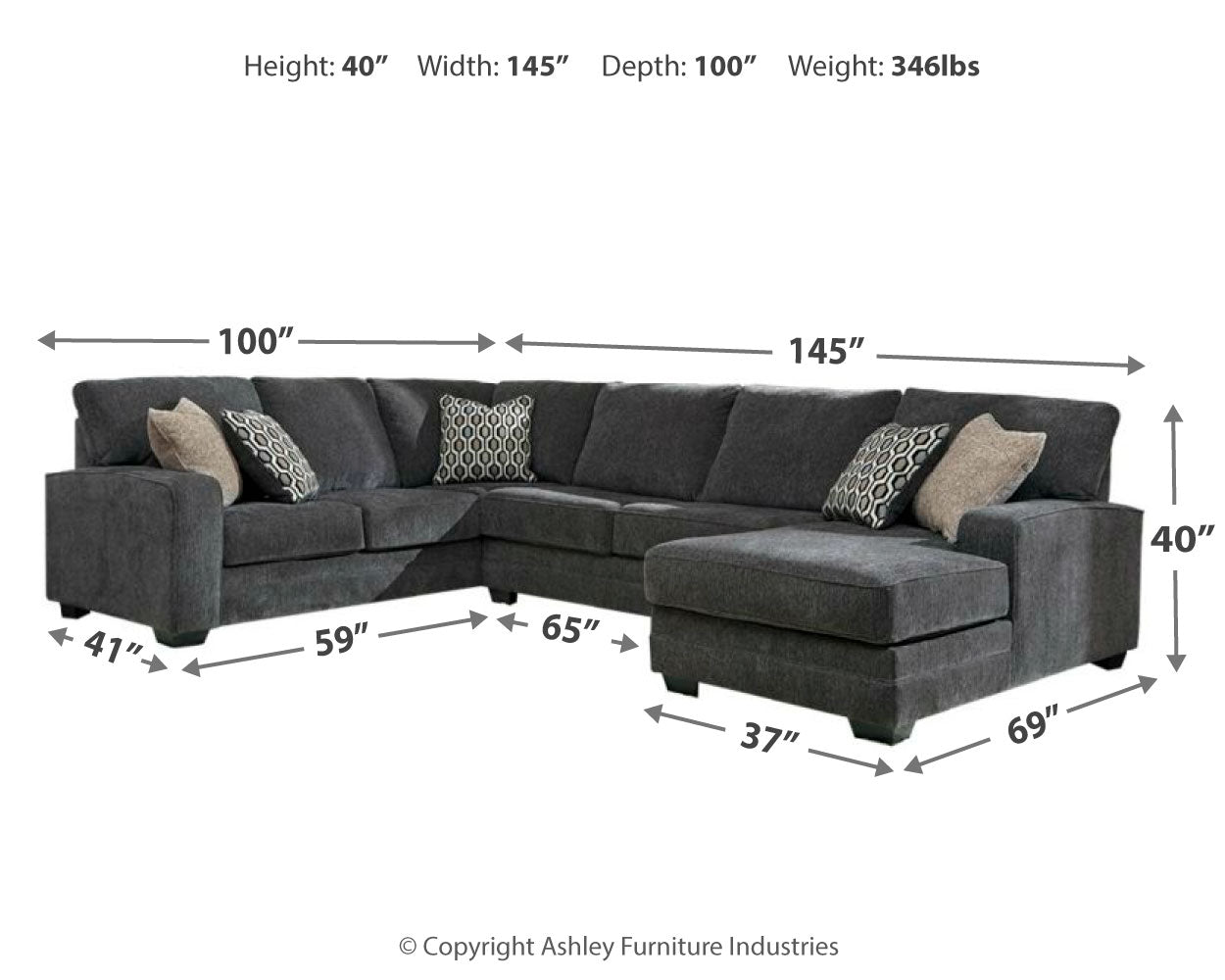 Furniture City Laplace - Ashley Furniture - Tracling Sectionals - RAF 3-Piece Sectional with Chaise / Slate - 72600S1