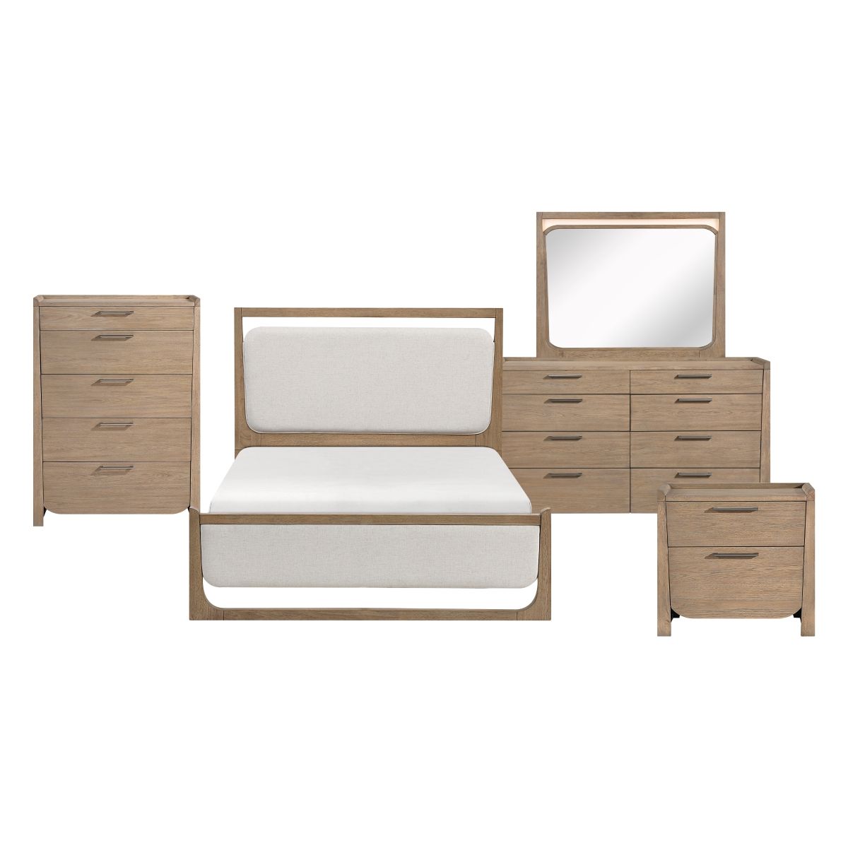 Riley - 5 Piece Bedroom Set (Queen Bed, Nightstand, Dresser, Mirror, Chest) - Light Brown