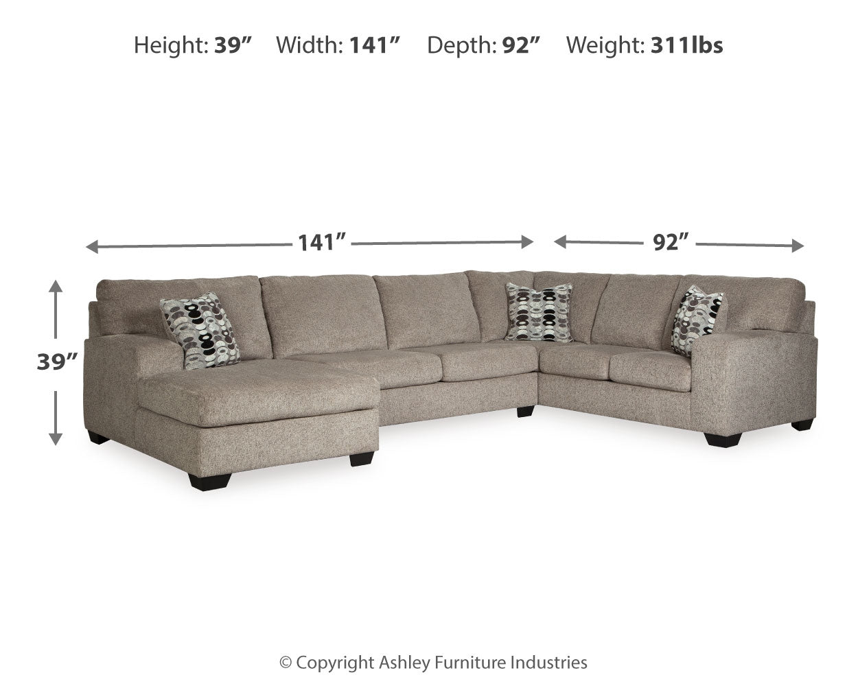 Furniture City Laplace - Ashley Furniture - Ballinasloe Sectionals - LAF 3-Piece Sectional with Chaise / Smoke - 80703S2