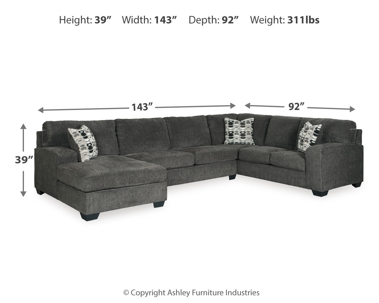 Furniture City Laplace - Ashley Furniture - Ballinasloe Sectionals - LAF 3-Piece Sectional with Chaise / Smoke - 80703S1