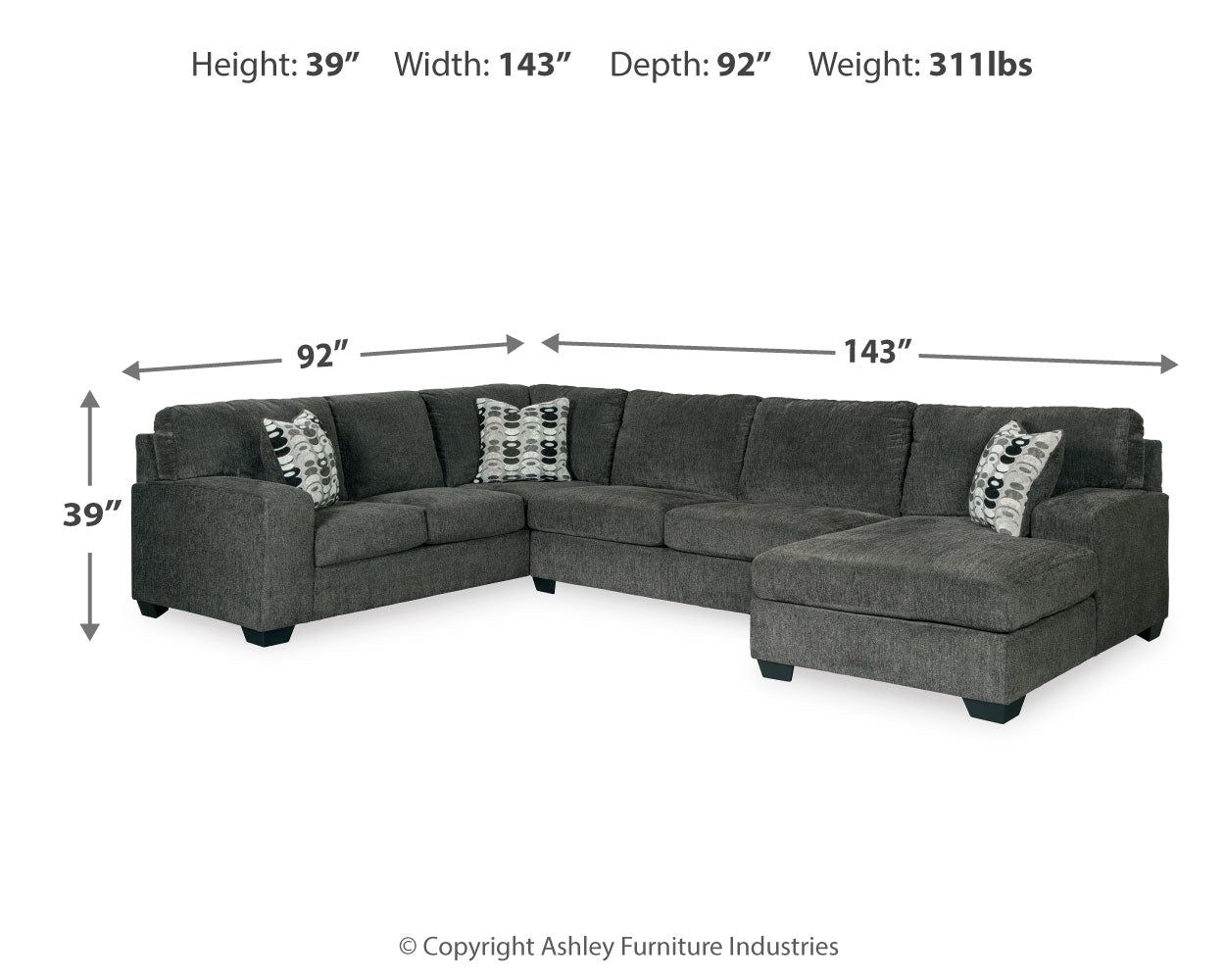 Furniture City Laplace - Ashley Furniture - Ballinasloe Sectionals - LAF 3-Piece Sectional with Chaise / Smoke - 80703S2
