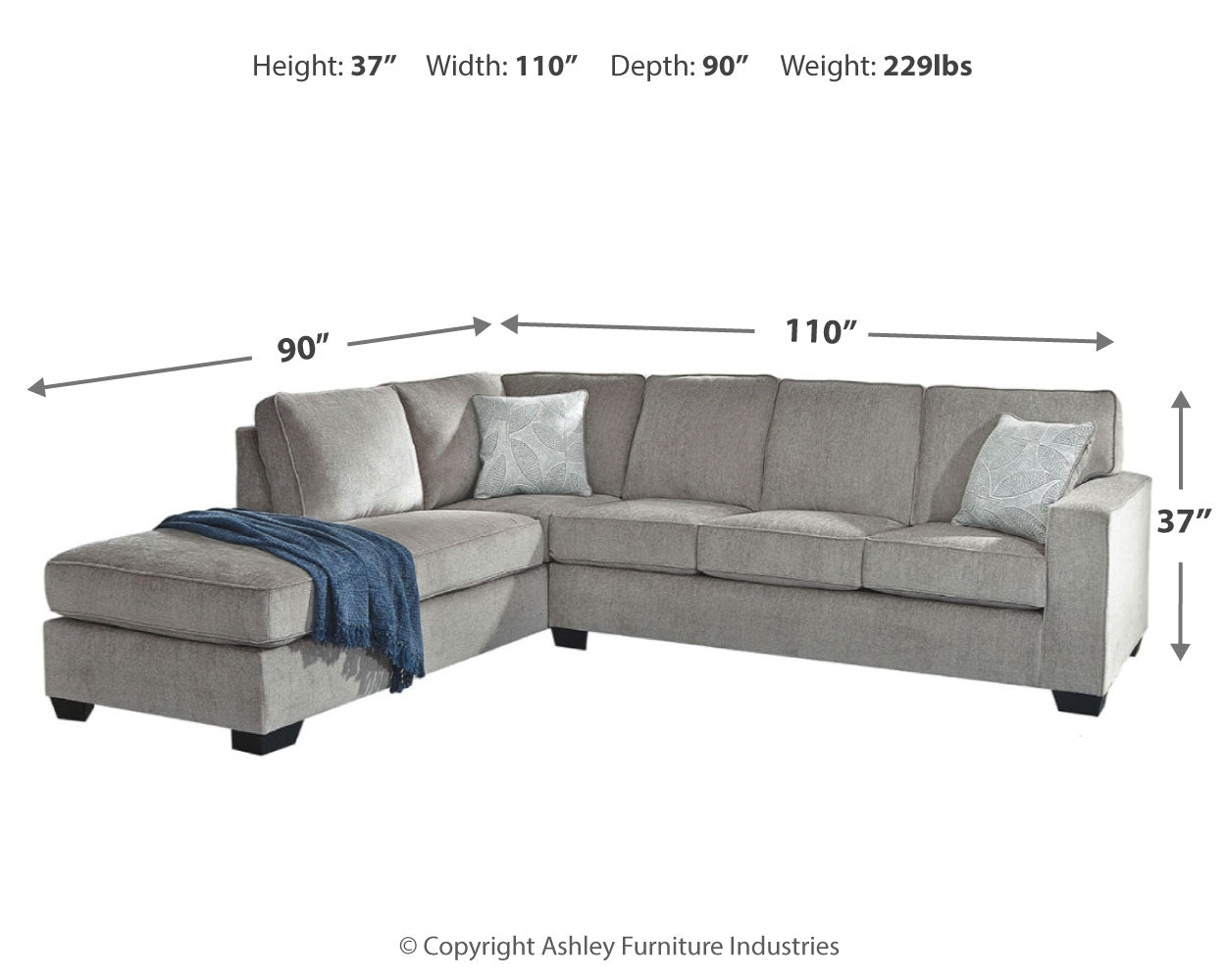 Furniture City Laplace - Ashley Furniture - Altari Sectionals - RAF 2-Piece Sectional with Chaise / Alloy - 87214S1