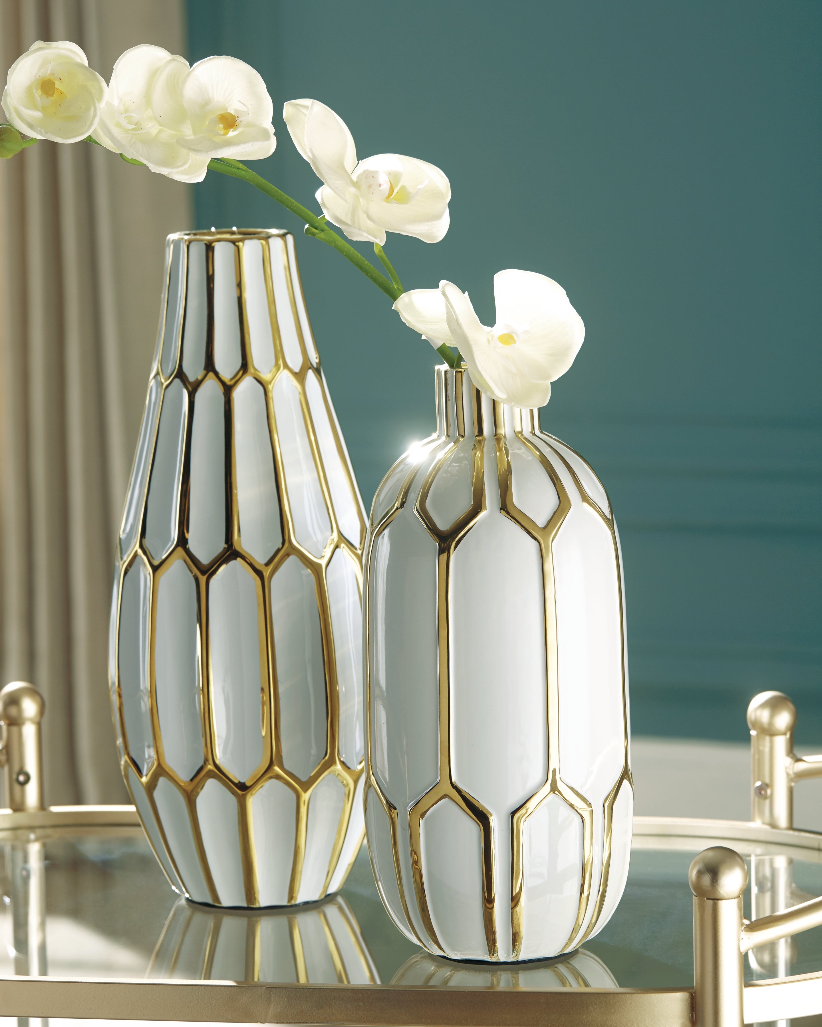 Furniture City Laplace - Ashley Furniture - Mohsen Vase - Vase Set (Set of 2) / Gold Finish/White - A2000135