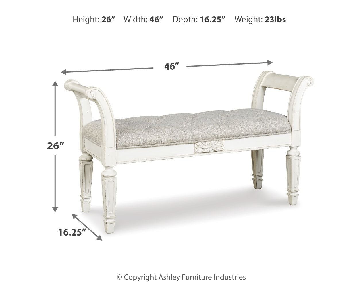Furniture City Laplace - Ashley Furniture - Realyn Accent Bench - Accent Bench / Antique White / 46"W x 16"D x 26"H - A3000157