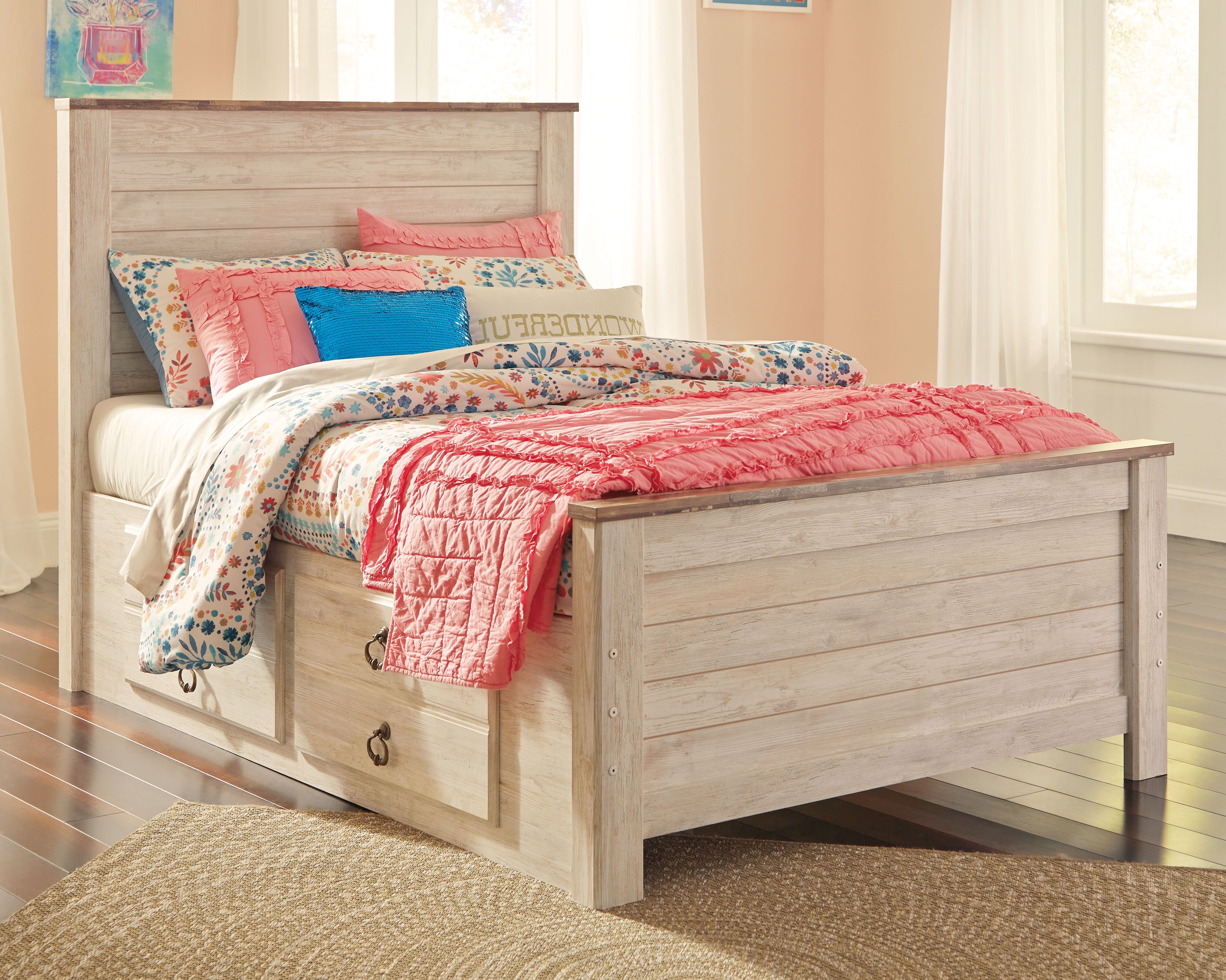 Furniture City Laplace - Ashley Furniture - Willowton Bedroom - Full Panel Bed with 2 Storage Drawers / Whitewash - B267B22