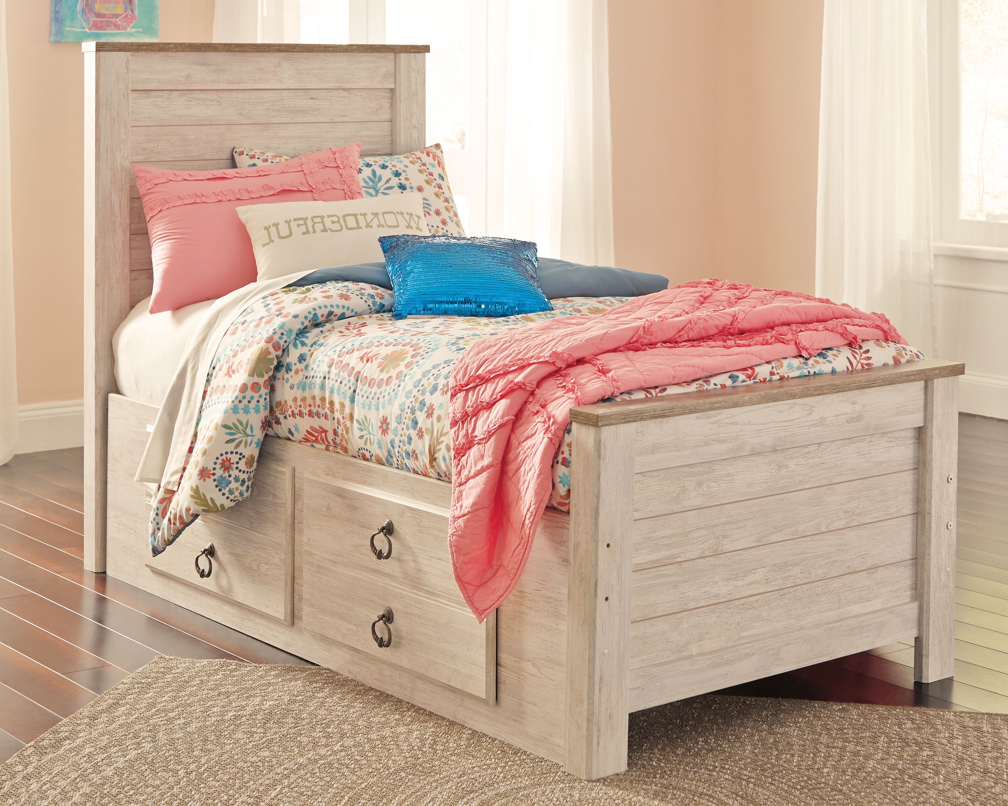 Furniture City Laplace - Ashley Furniture - Willowton Bedroom - Twin Panel Bed with 2 Storage Drawers / Whitewash - B267B21