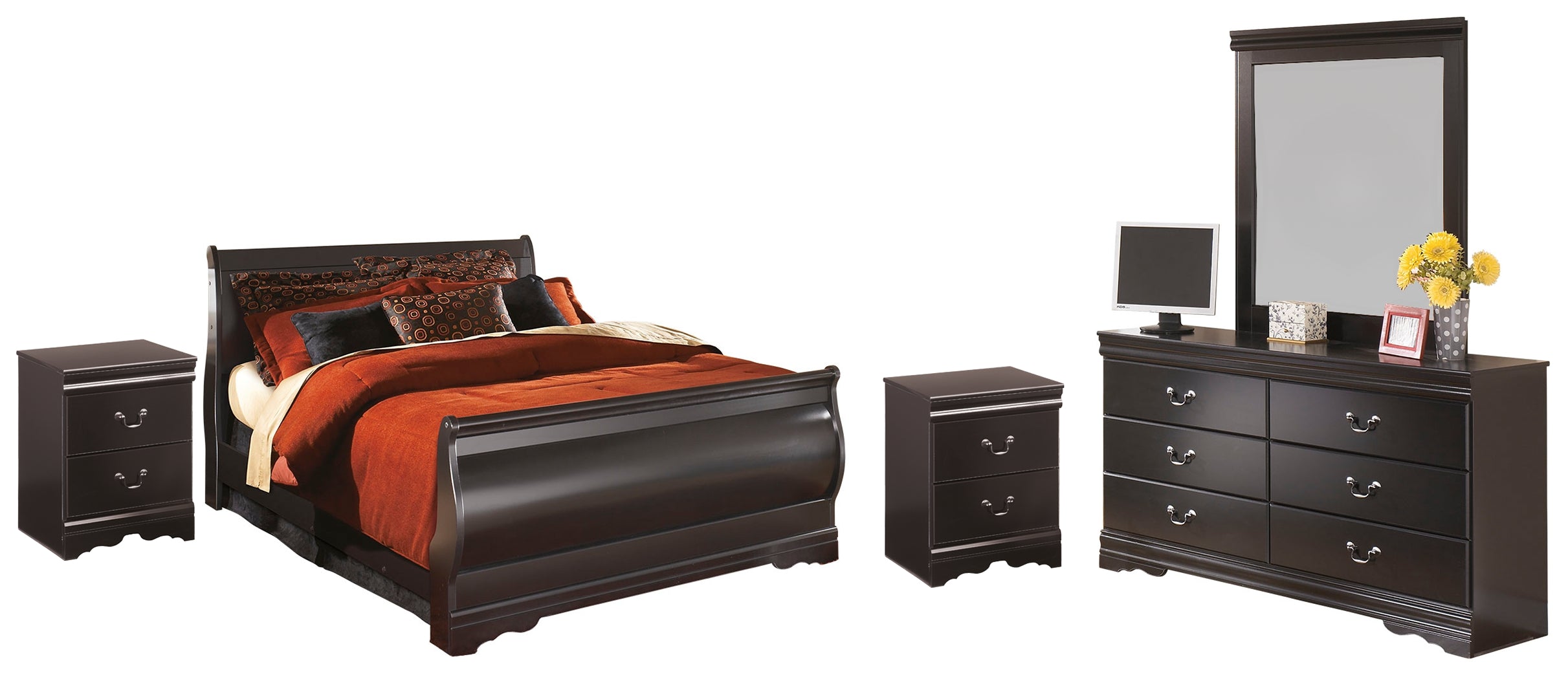 Furniture City Laplace - Ashley Furniture - Huey Vineyard Full Sleigh Bed with Mirrored Dresser and 2 Nightstands - Full Sleigh Bed with Mirrored Dresser and 2 Nightstands - B128B11