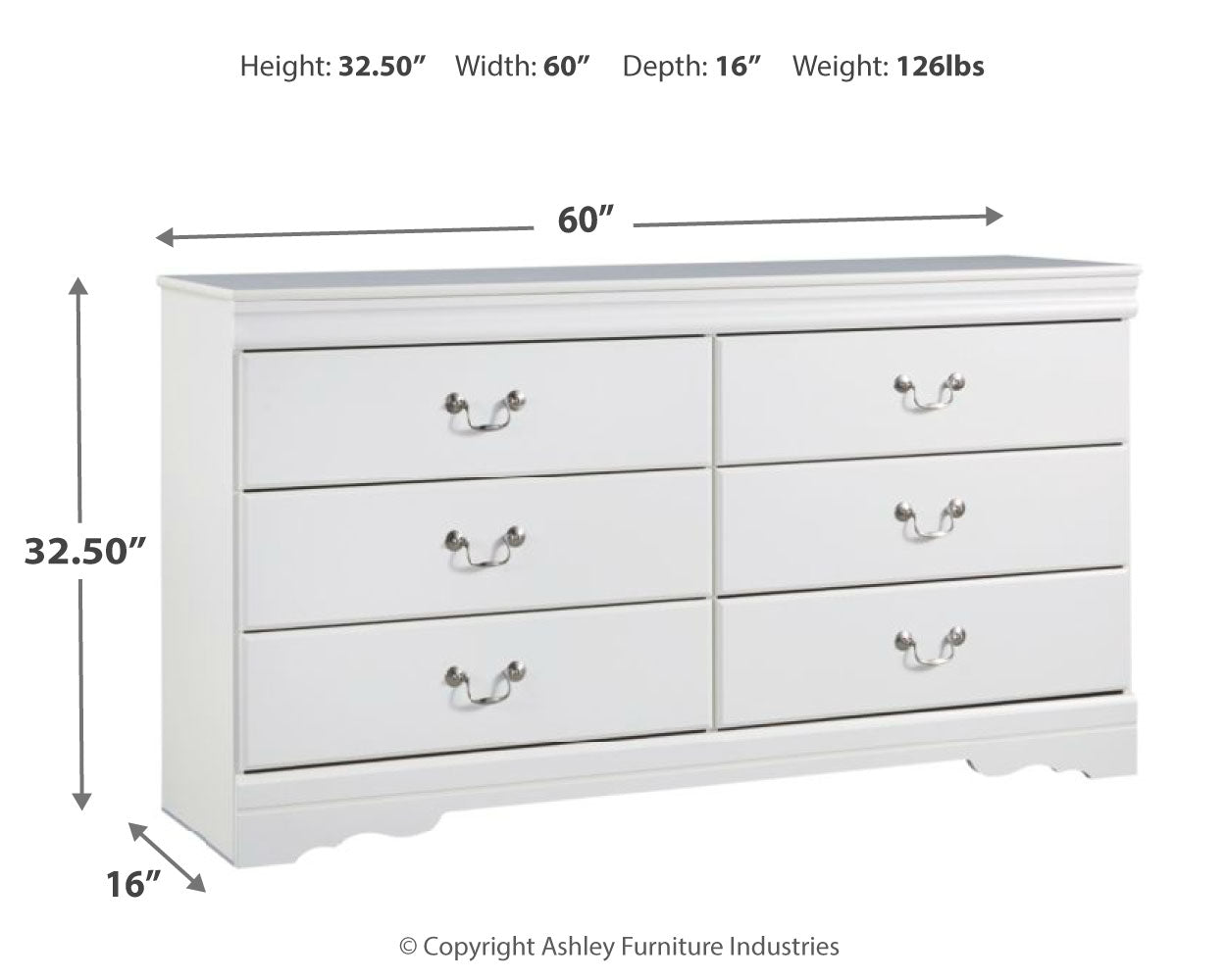 Furniture City Laplace - Ashley Furniture - Anarasia Bedroom - Six Drawer Dresser / White - B129-31
