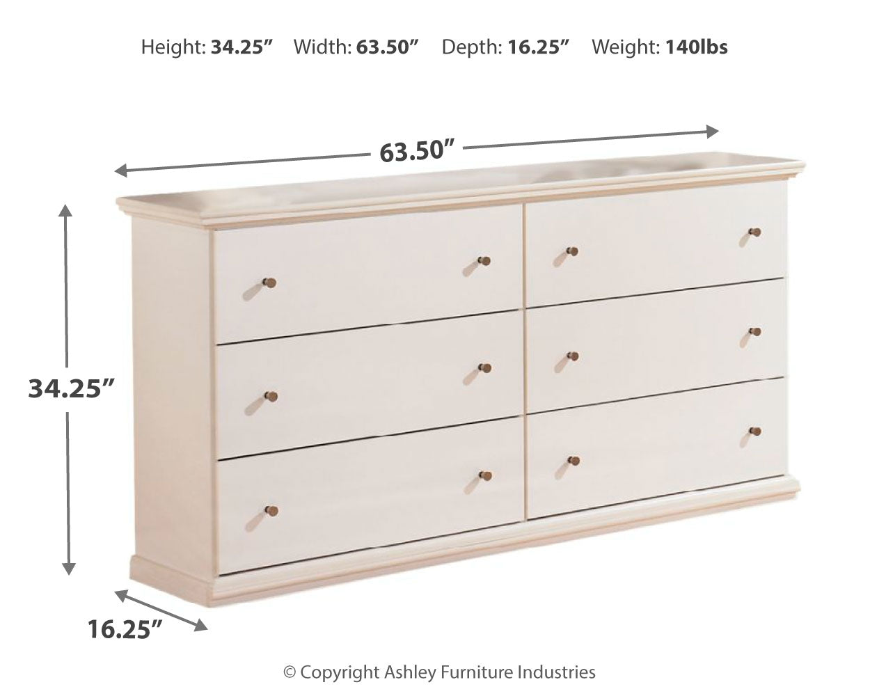 Furniture City Laplace - Ashley Furniture - Bostwick Shoals Bedroom - Six Drawer Dresser / White - B139-31