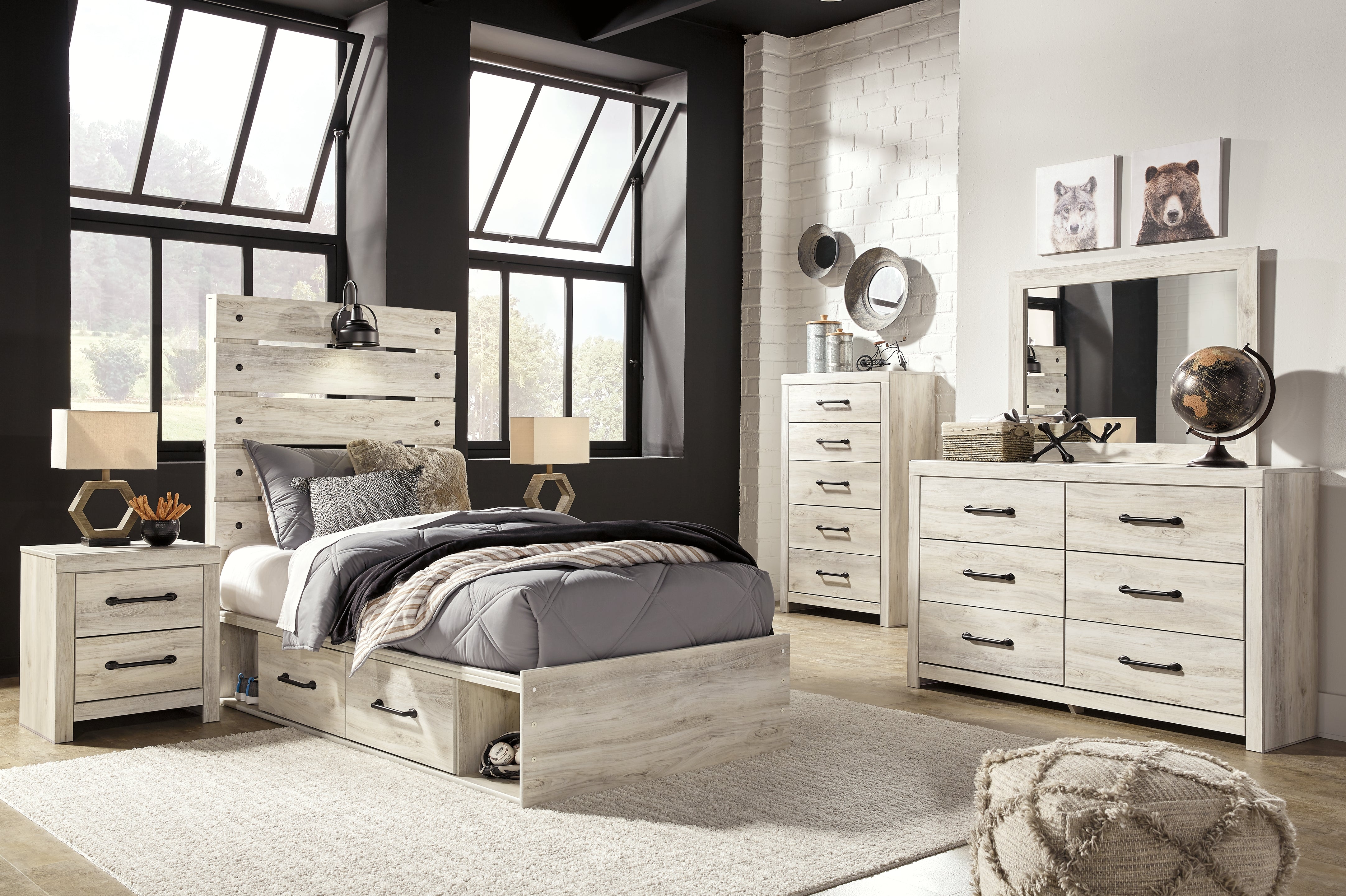 Furniture City Laplace - Ashley Furniture - Cambeck Bedroom - Twin Panel Bed with 4 Storage Drawers / Whitewash - B192B21