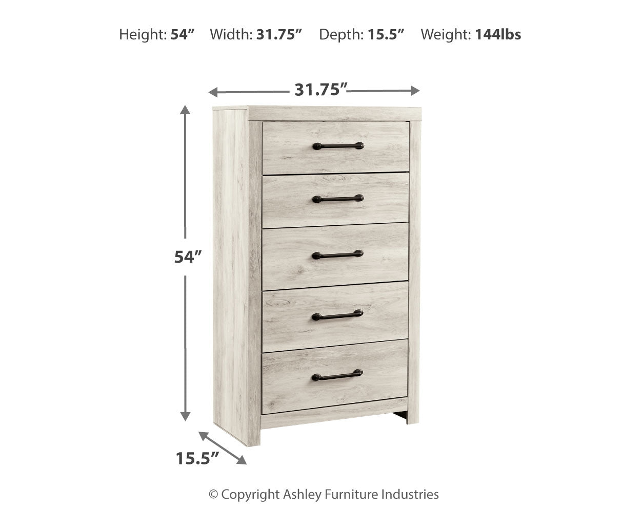 Furniture City Laplace - Ashley Furniture - Cambeck Bedroom - Five Drawer Chest / Whitewash - B192-46