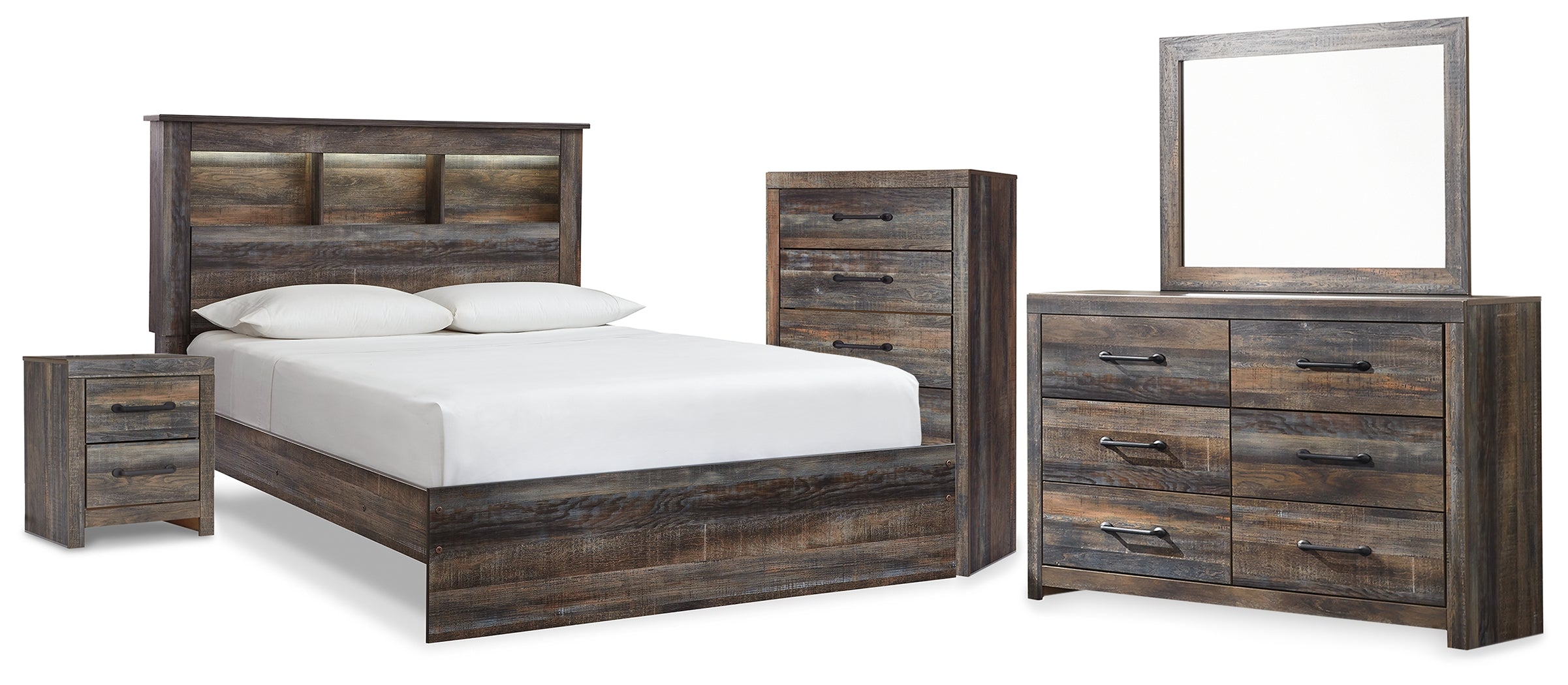 Furniture City Laplace - Ashley Furniture - Drystan Queen Bookcase Panel Bed, Dresser, Mirror Chest and Nightstand - Queen Bookcase Panel Bed, Dresser, Mirror Chest and Nightstand - B211B111