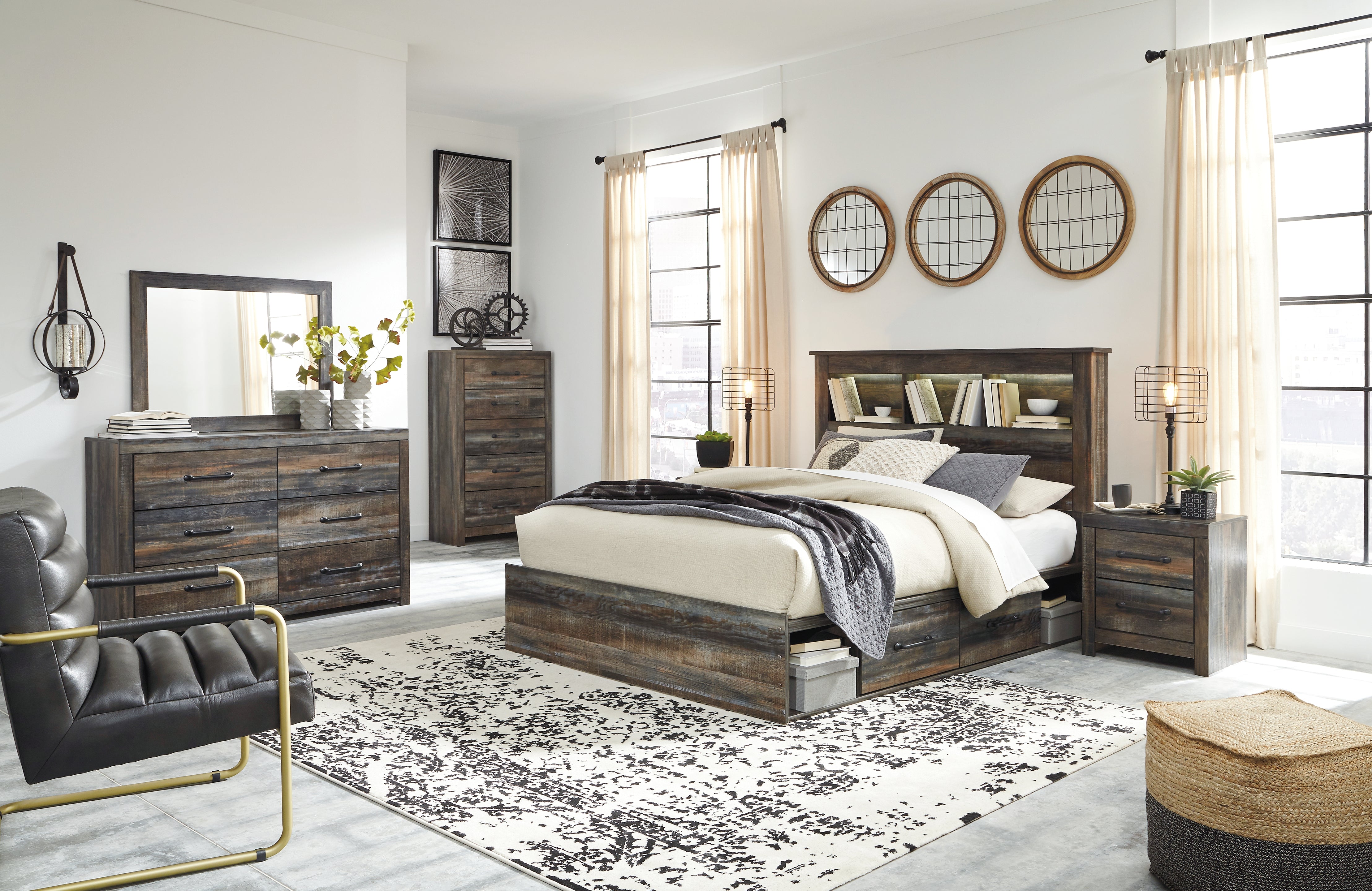 Furniture City Laplace - Ashley Furniture - Drystan Bedroom - Queen Bookcase Bed with 4 Storage Drawers / Multi - B211B18