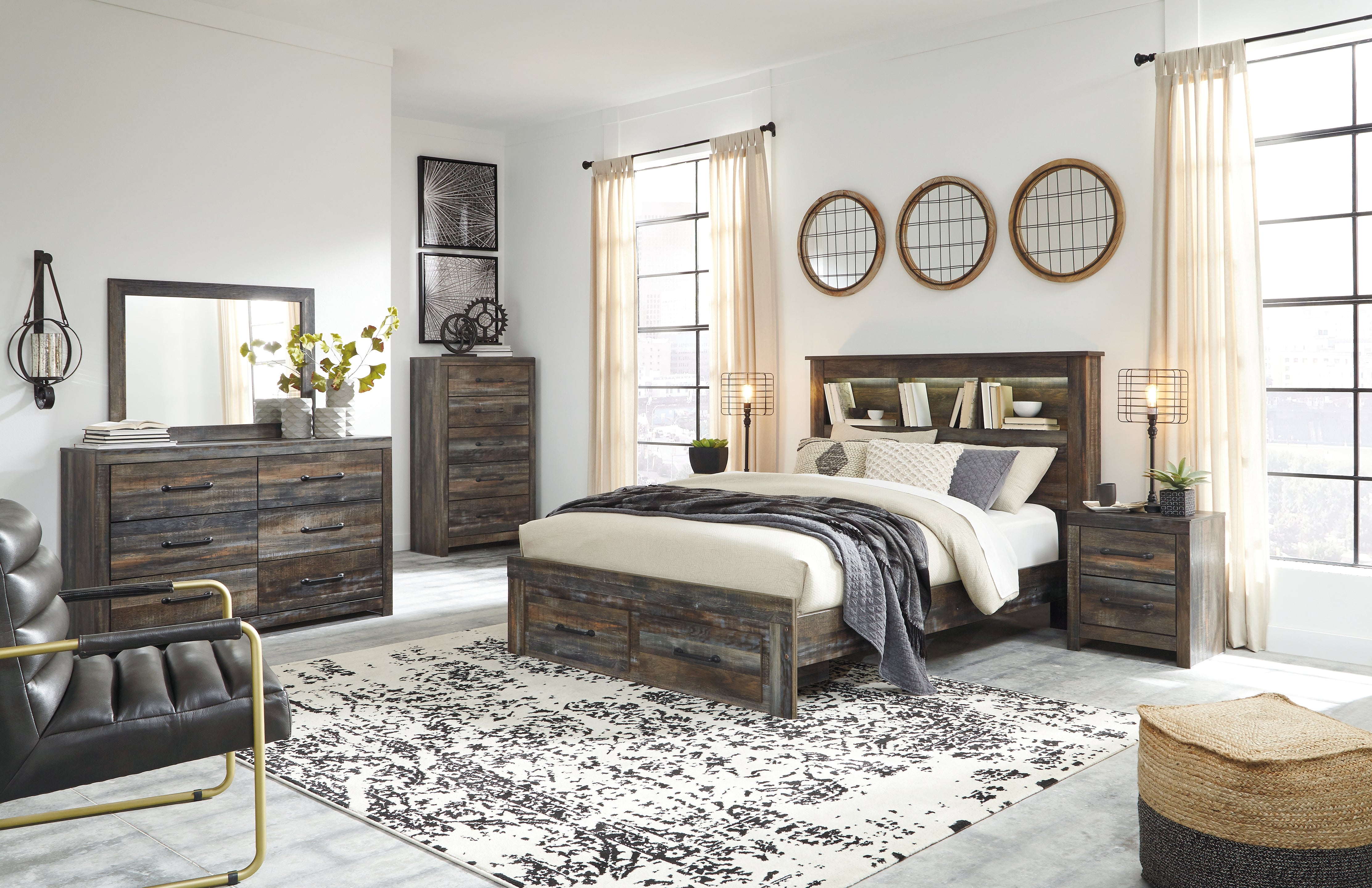 Furniture City Laplace - Ashley Furniture - Drystan Bedroom - Queen Bookcase Bed with 2 Storage Drawers / Multi - B211B23