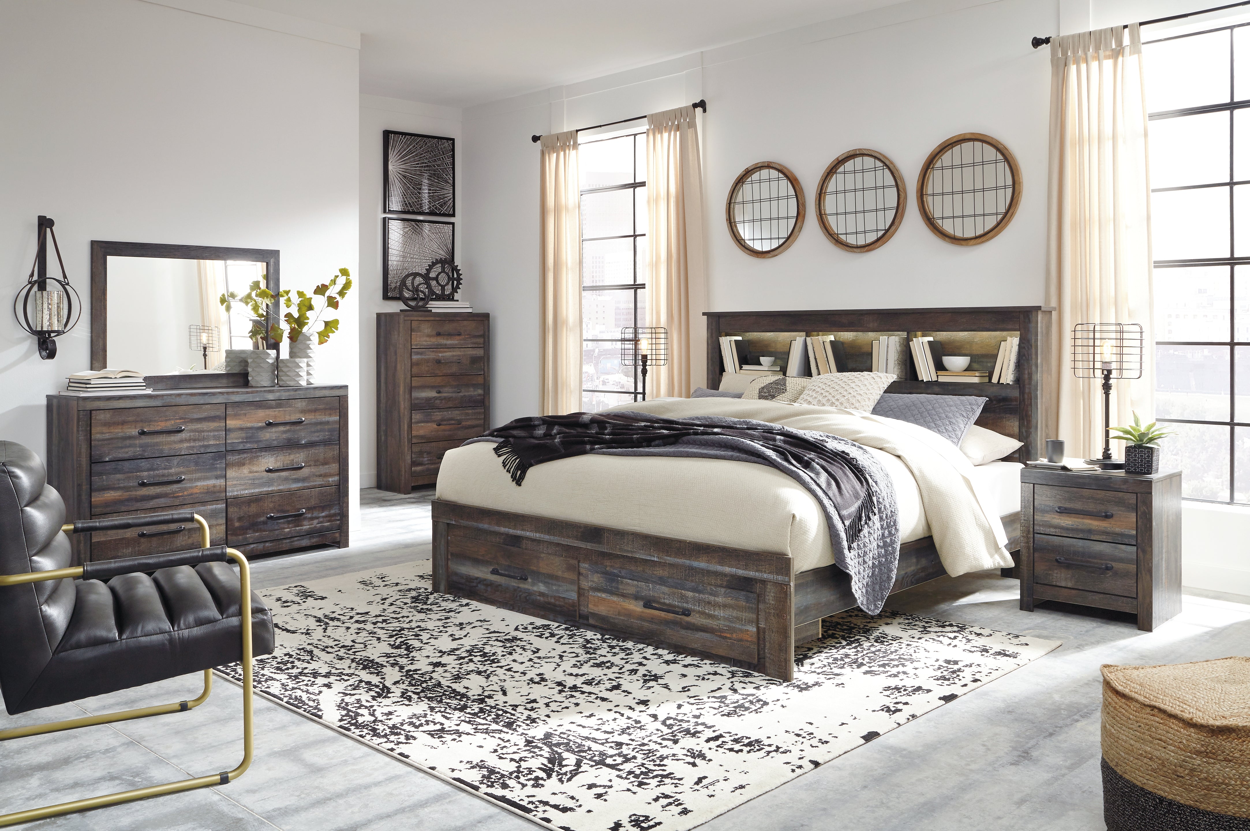Furniture City Laplace - Ashley Furniture - Drystan Bedroom - King Bookcase Bed with 2 Storage Drawers / Multi - B211B27