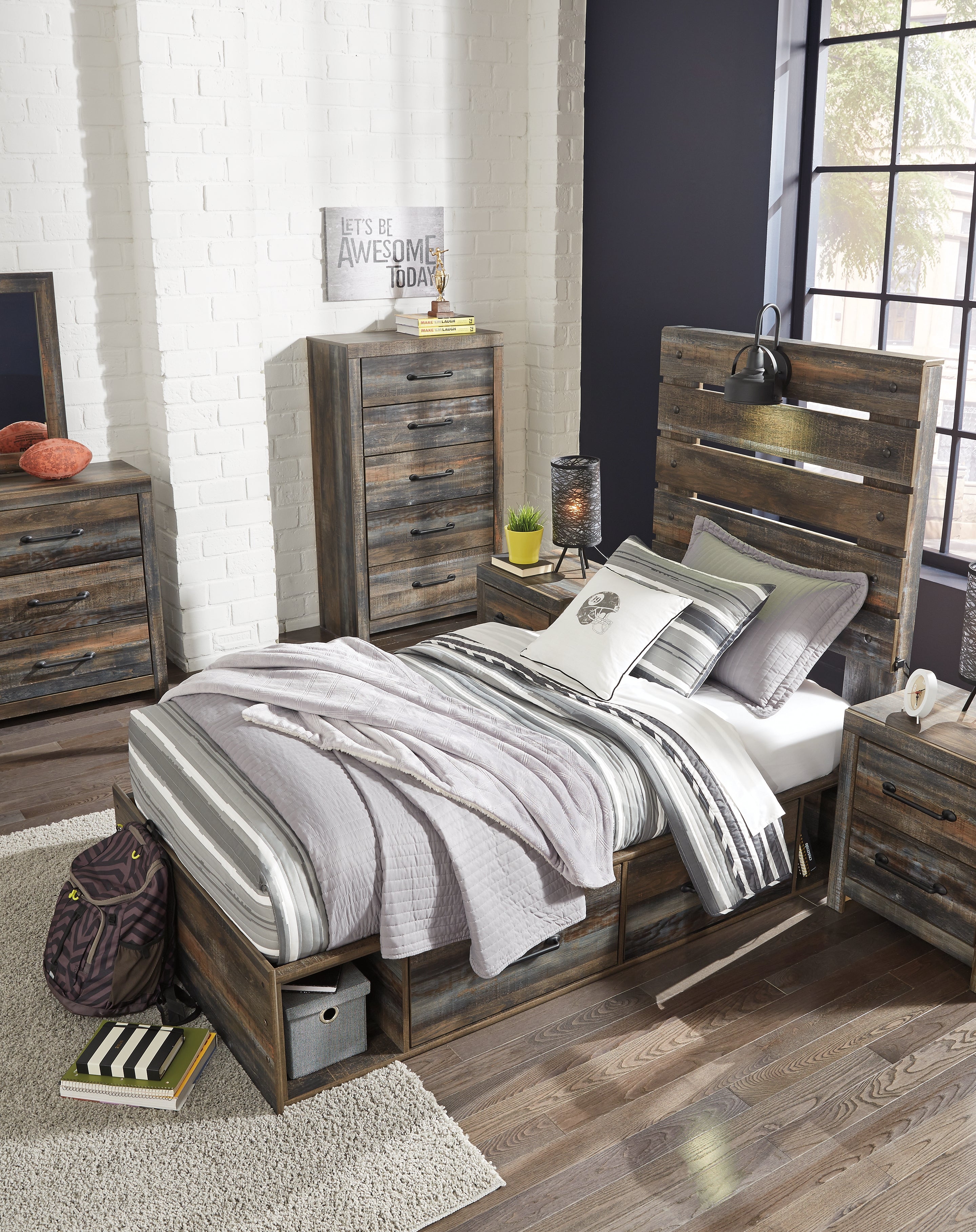 Furniture City Laplace - Ashley Furniture - Drystan Bedroom - Twin Panel Bed with 2 Storage Drawers / Multi - B211B8