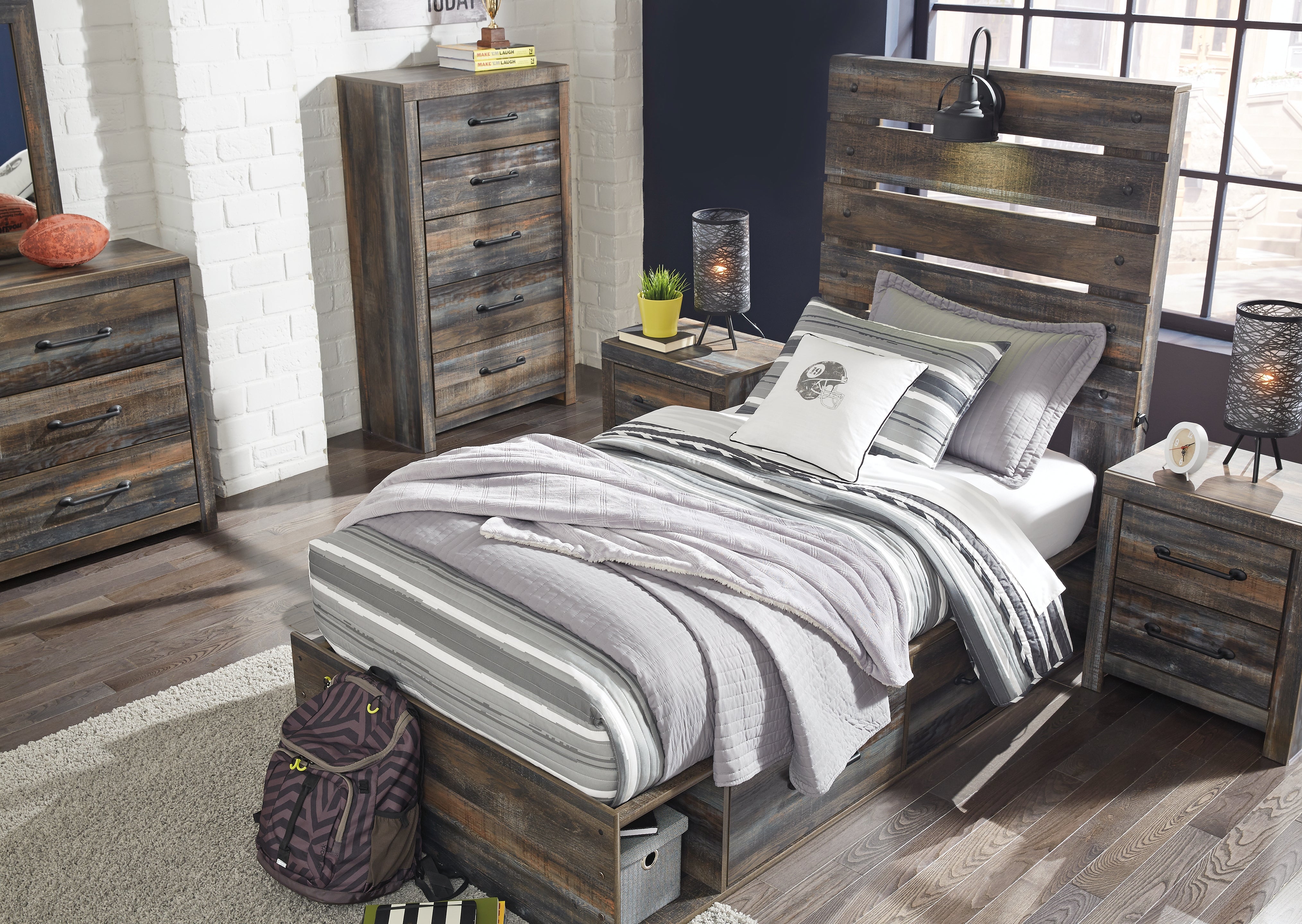 Furniture City Laplace - Ashley Furniture - Drystan Bedroom - Twin Panel Bed with 4 Storage Drawers / Multi - B211B11
