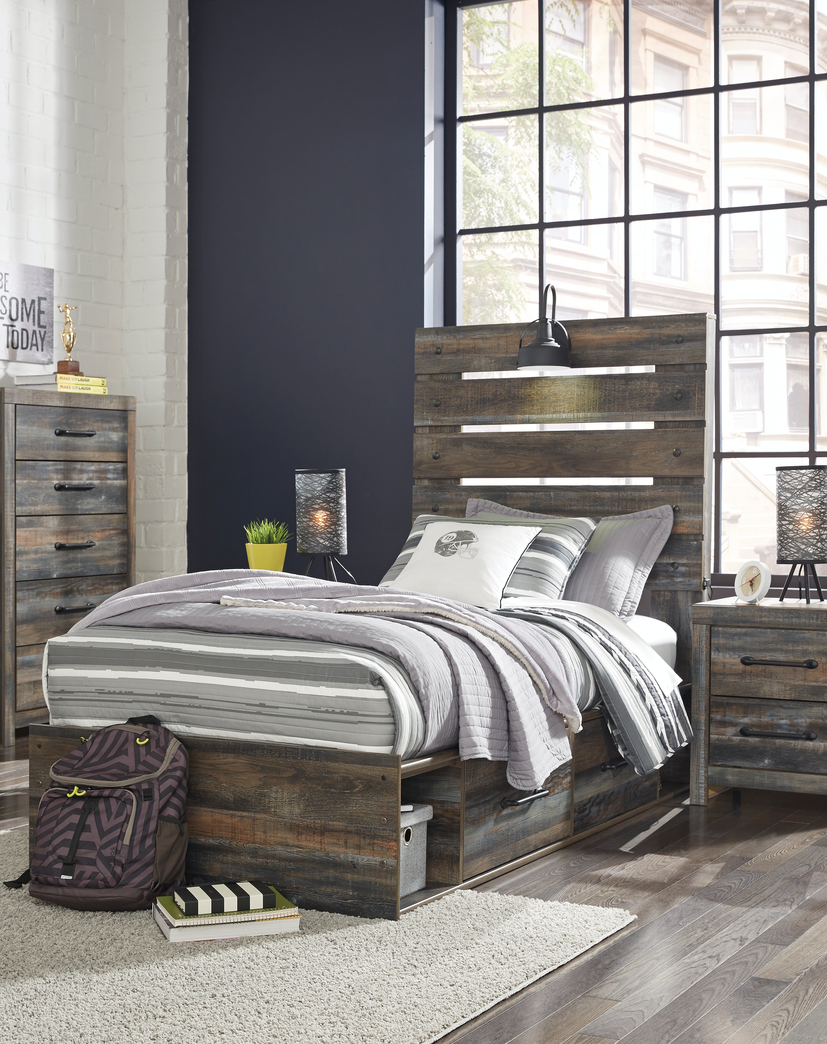 Furniture City Laplace - Ashley Furniture - Drystan Bedroom - Twin Panel Bed with 2 Storage Drawers - B211B8