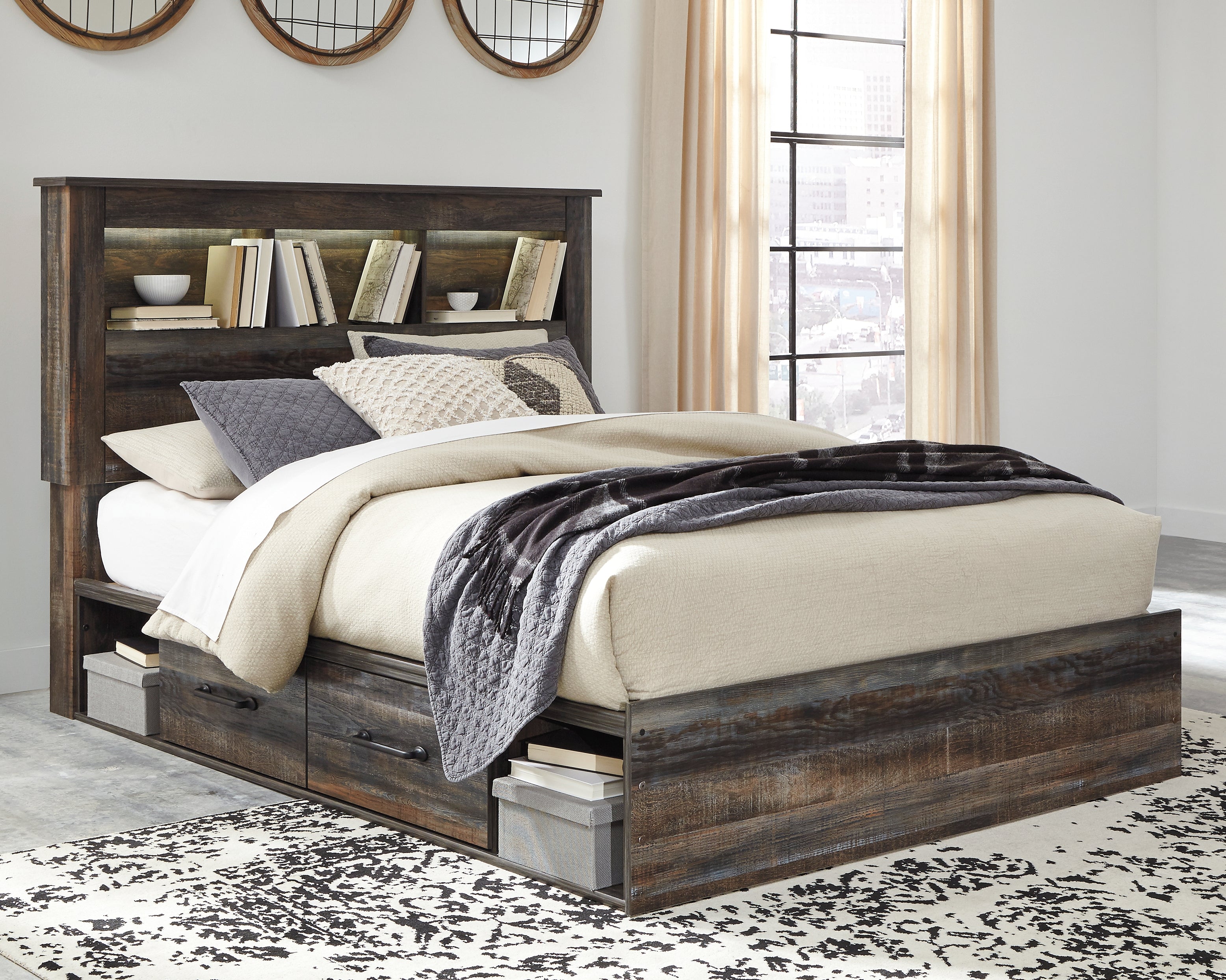 Furniture City Laplace - Ashley Furniture - Drystan Bedroom - Queen Bookcase Bed with 4 Storage Drawers / Multi - B211B18
