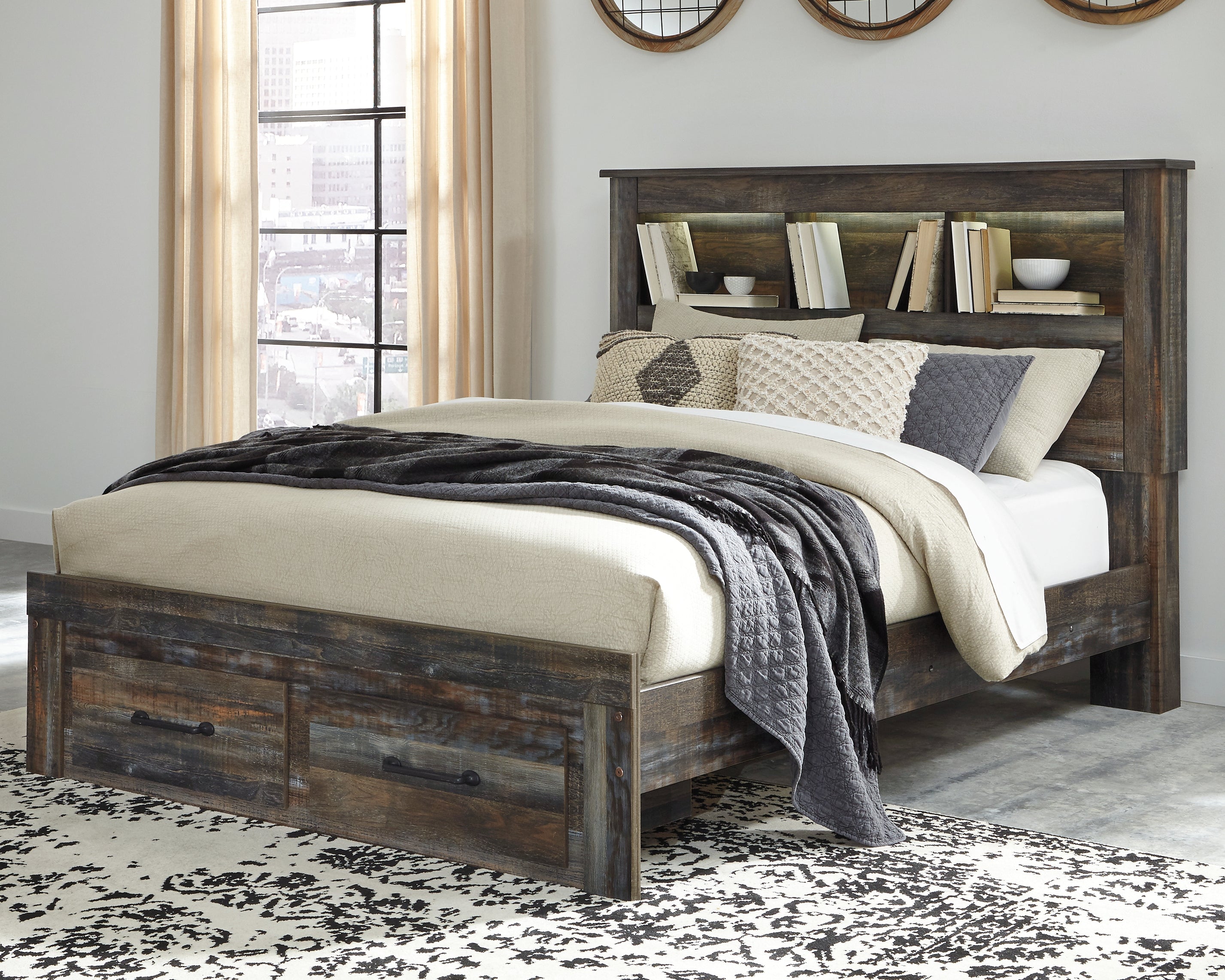 Furniture City Laplace - Ashley Furniture - Drystan Bedroom - Queen Bookcase Bed with 2 Storage Drawers / Multi - B211B23